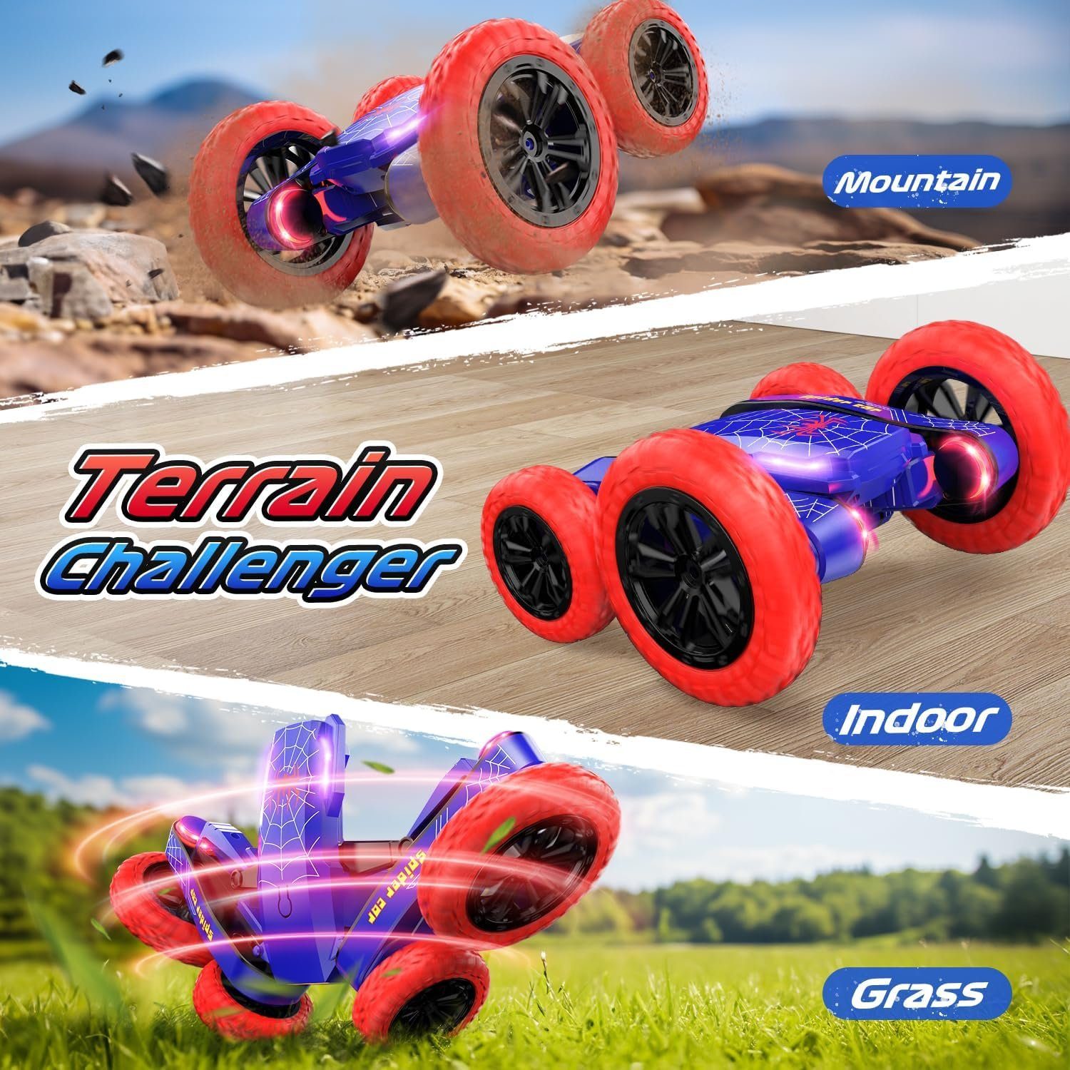 DEERC Ferngesteuertes Auto 4WD 360° Flip Stuntauto mit LED Blinken Spielzeug-Drohne (2,4 GHz Rock Crawler, 2 Batterien und Geburtstagsgeschenk für Kinder)
