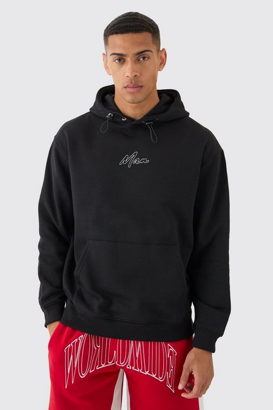 Oversize Hoodie mit Ketten-Naht und Man-Stickerei