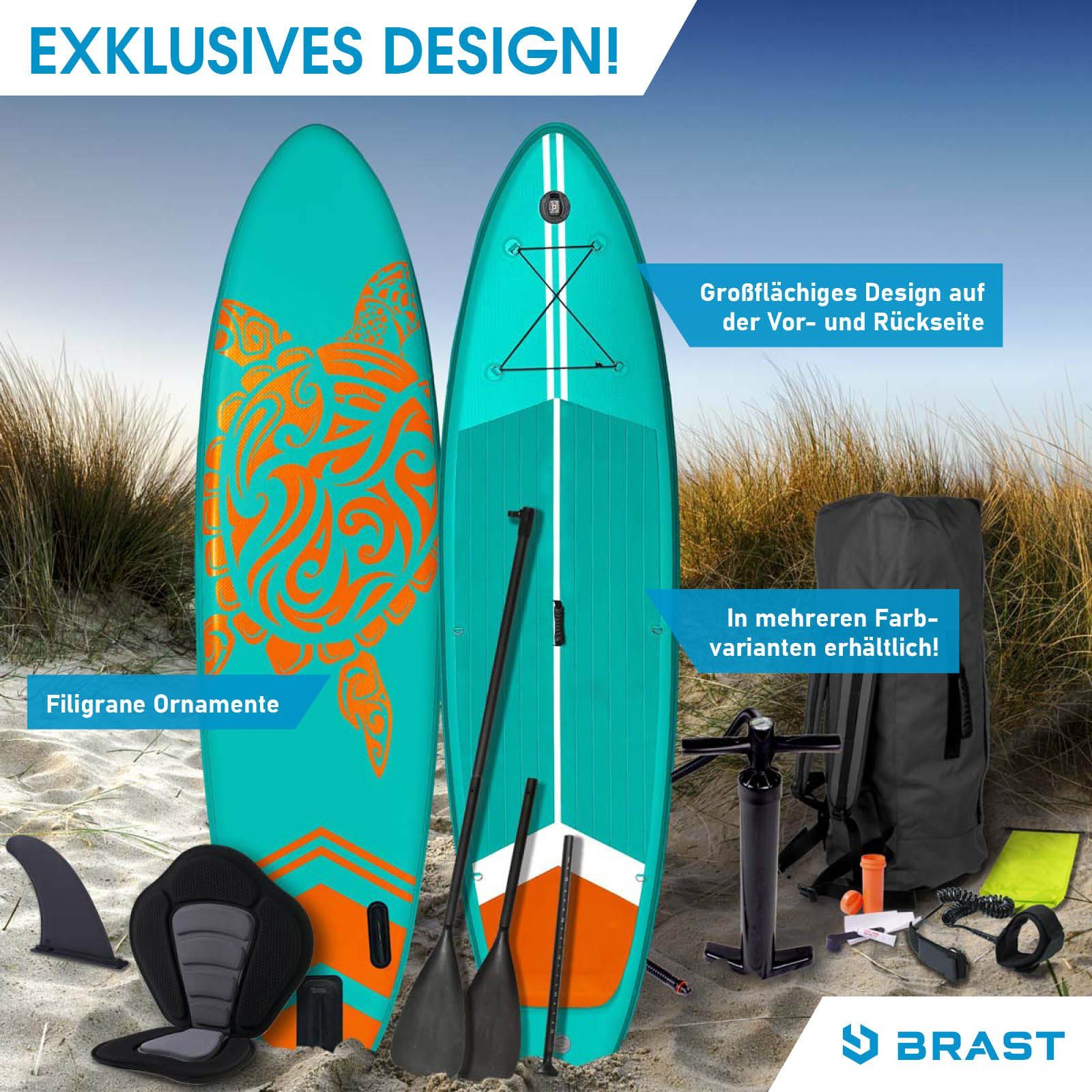 BRAST SUP-Board BRAST SUP Board SUPER Set Aufblasbares Stand up Paddle mit extra Zubehör 320x81x15cm incl. Kajaksitz Kamerahalterung Paddel Fußschleife Rucksack Pumpe