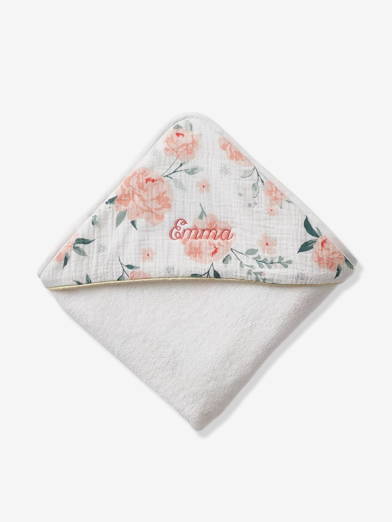 Vertbaudet Baby Kapuzenbadetuch ROSENTRAUM Oeko Tex, personalisierbar - zartrosa/wollweiß geblümt
