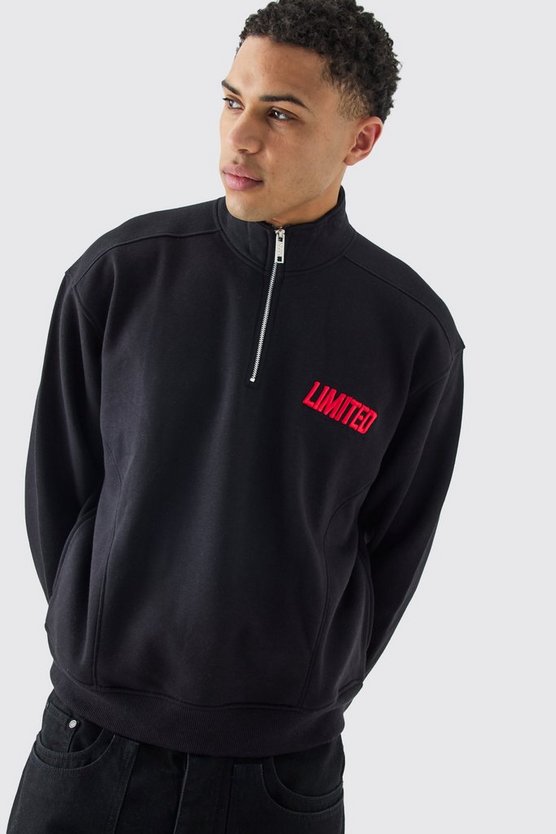 Kastiges Oversize Sweatshirt mit 1/4 Reißverschluss und 3D Stickerei