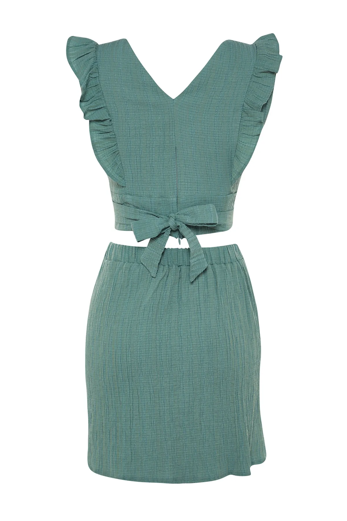 Trendyol Collection  Khakifarbenes Set aus gewebter Bluse und Rock mit Rüschen TBESS23AU00126