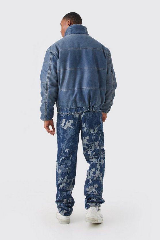 Kastige PU-Steppjacke in Denim-Optik mit Trichterkragen