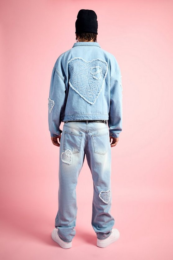 Kastige hellblaue Denim-Bomberjacke mit Herz-Applikation