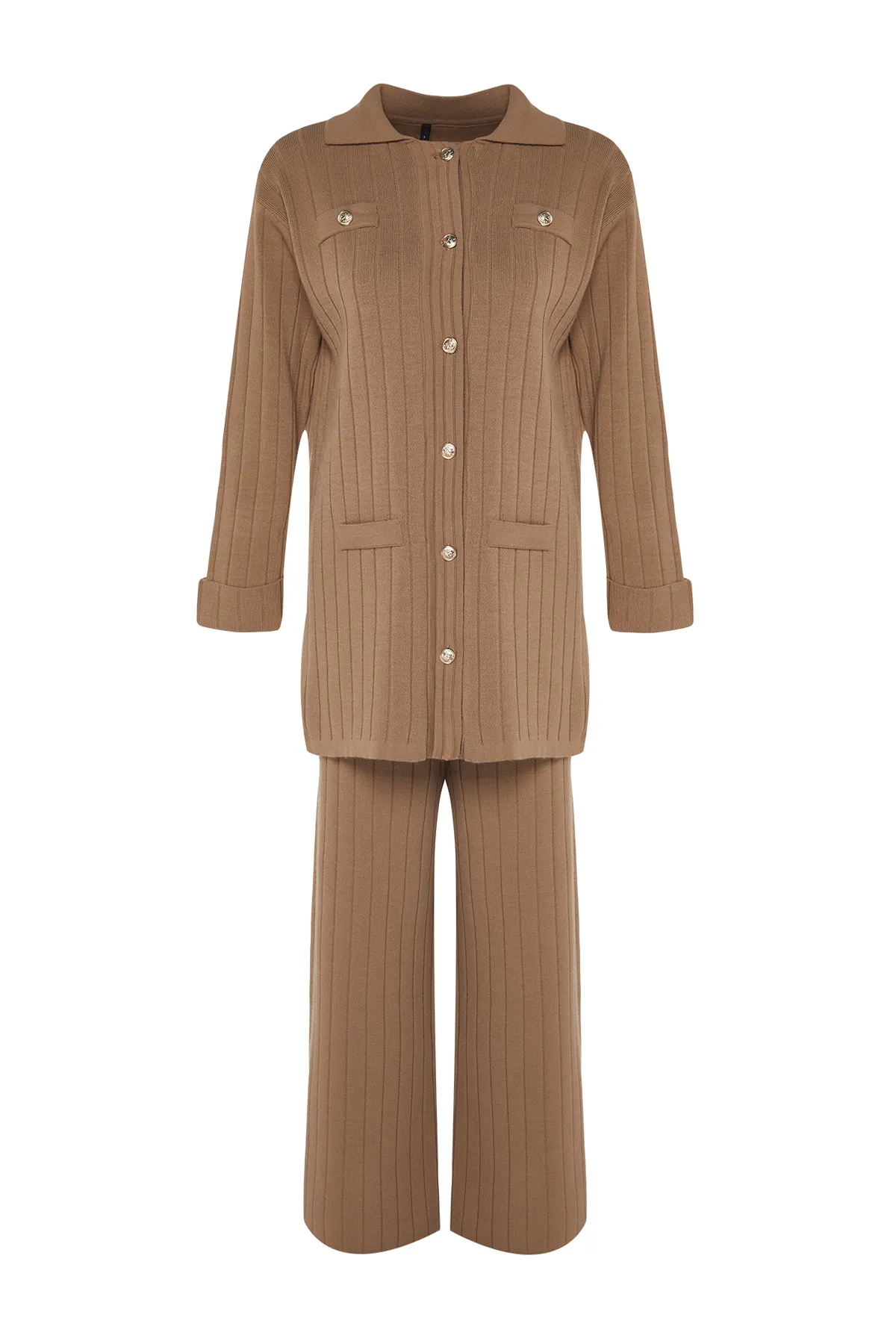 Trendyol Modest  Braunes Strickoberteil- und -unterteil-Set aus Strickjacke und Hose mit Kordelzug TCTAW24US00003