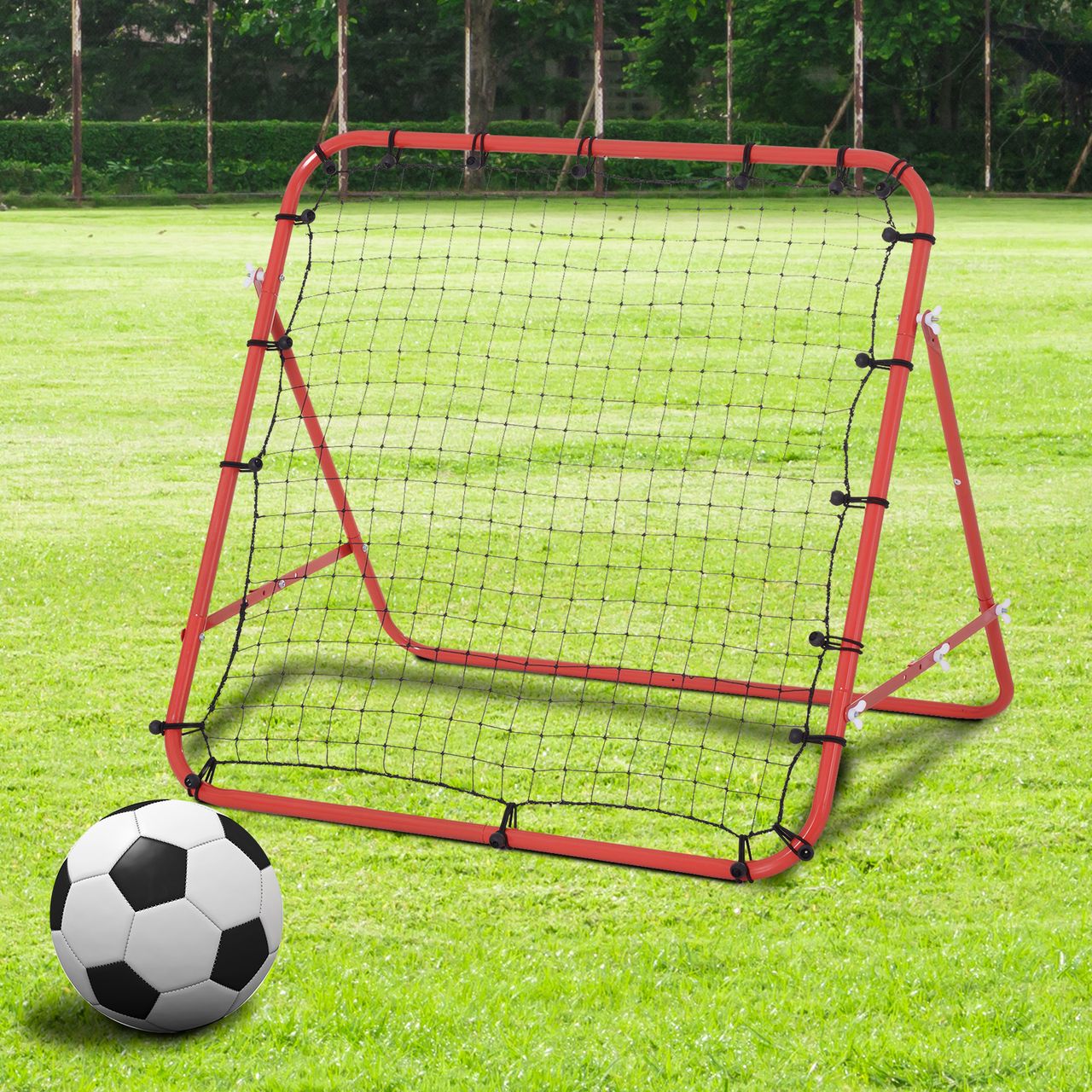 HOMCOM Fußball Rebounder Kickback Tor Rückprallwand Netz Metallrohr PE Gewebe Rot 96 x 80 x 96 cm