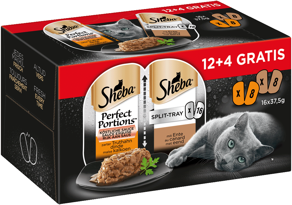 Sheba Perfect Portions Split-Tray Sauce mit Truthahn und mit Ente 12   4 Gratis, 600g