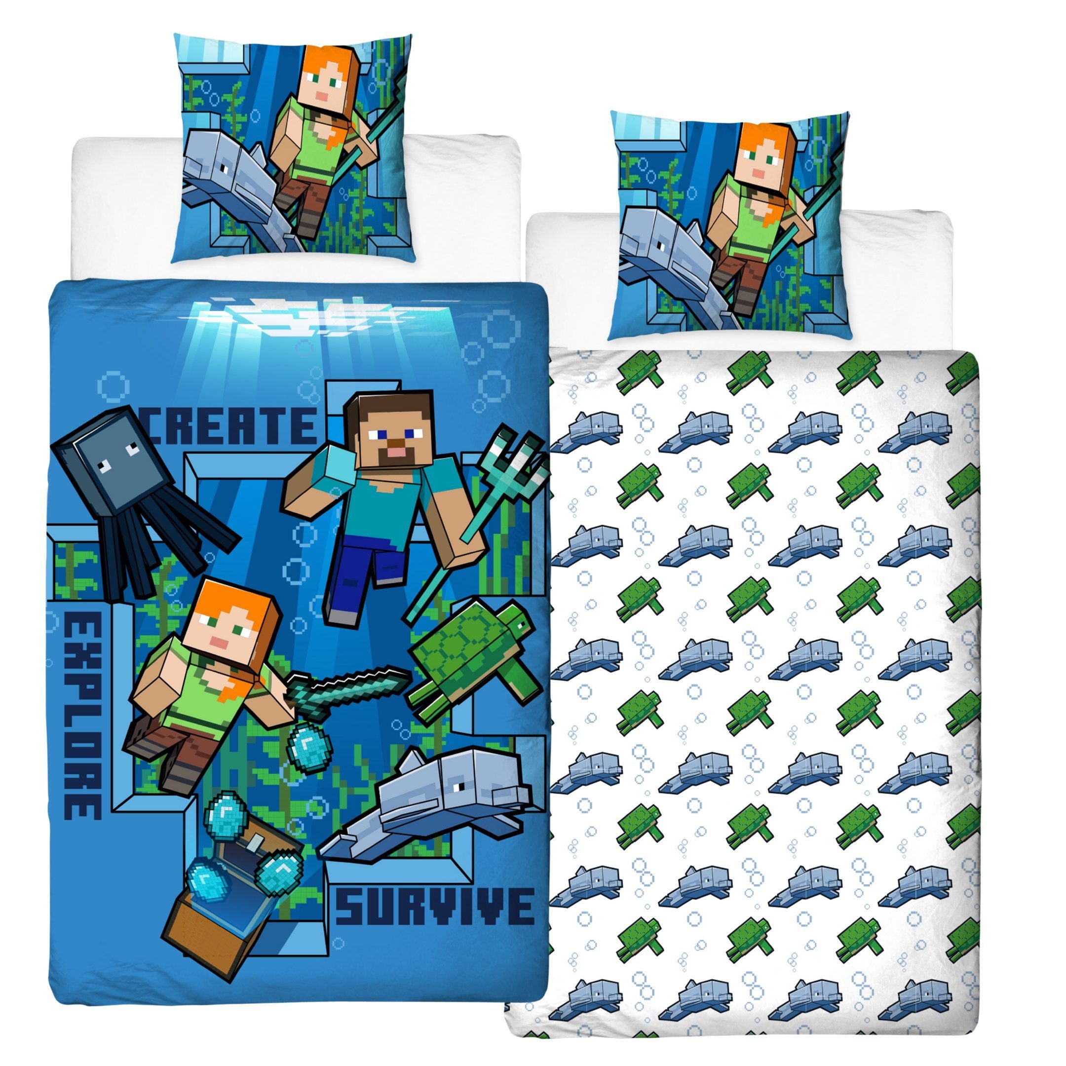 Bettwäsche Minecraft 135x200 + 80x80 cm, 100 % Baumwolle, MTOnlinehandel, Renforcé, 2 teilig, offiziell lizenzierte Kinder- und Jugendbettwäsche 