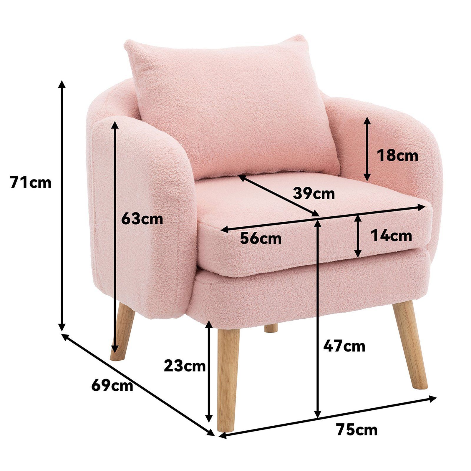 KLAM HOME Sessel Ohrensessel, Relaxsessel, Lehnsessel mit super dickes Kissen (Armlehnensessel TV-Sessel bis 150 kg Belastbar), Einzelsofa gepolsterter Ohrensessel mit Massivholz-Bein