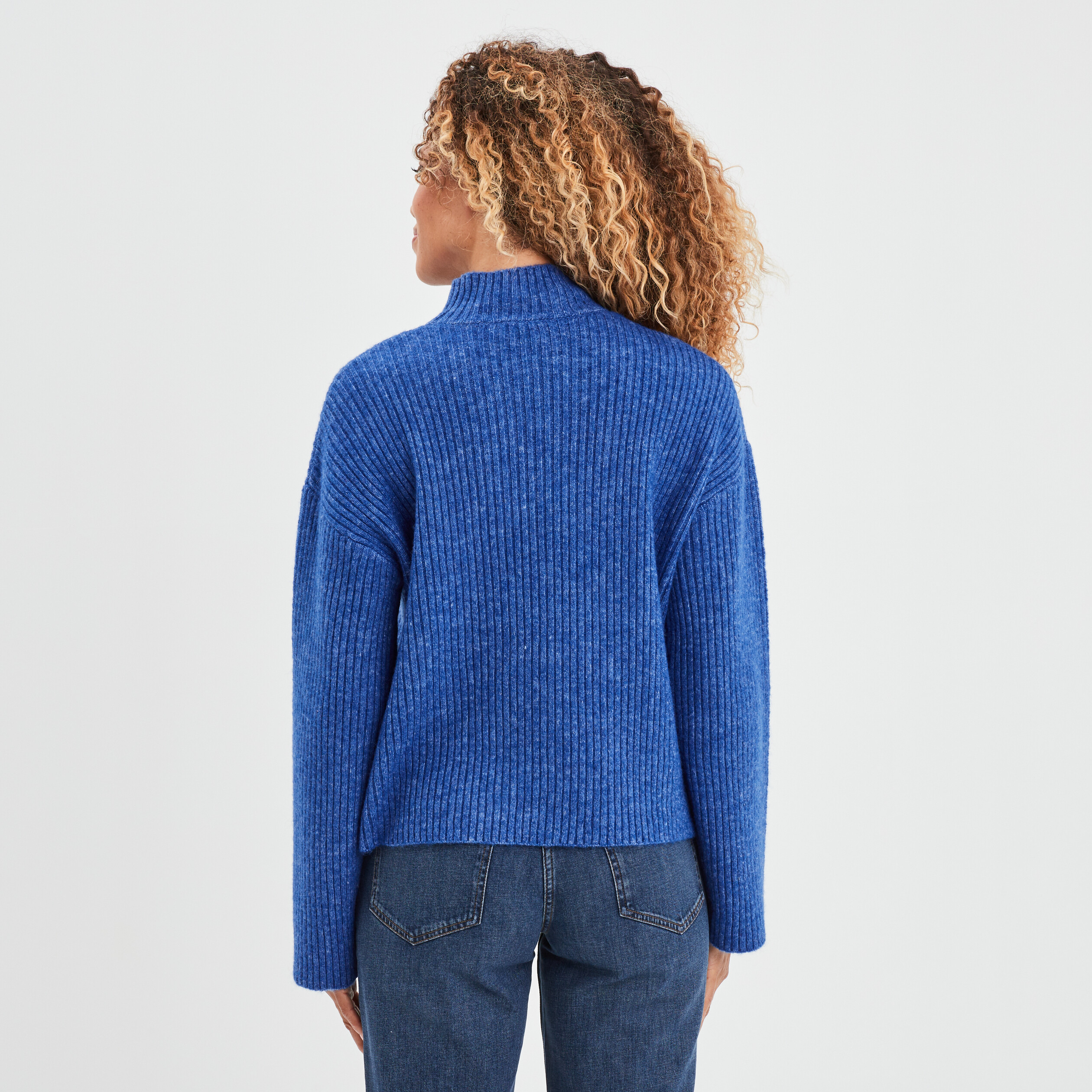 Pull côtelé col montant manches longues bleu electrique femme | La Halle