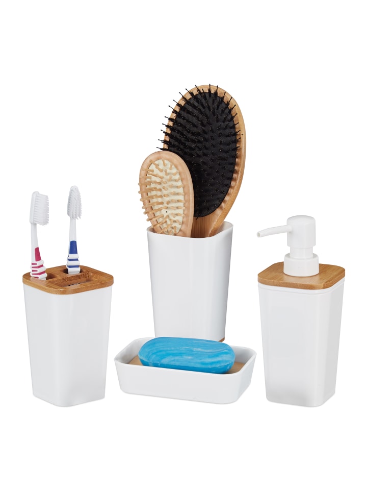 relaxdays 4-teiliges Badaccessoires-Set in Weiß günstig kaufen onesize