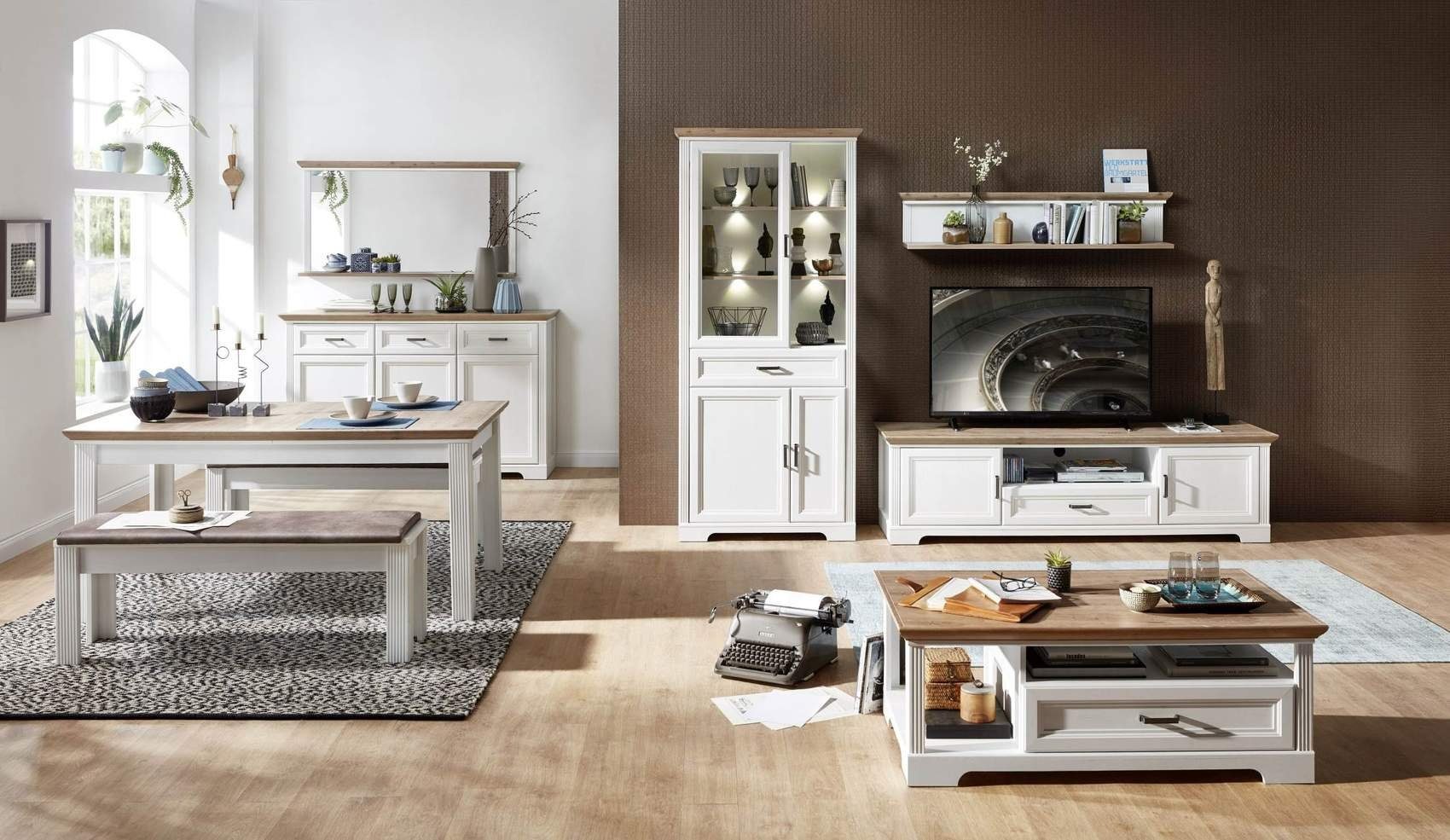 Innostyle Wohnwand Wohnwand JASMIN UH83 Pinie weiß Nachbildung 3-teilig im Landhausstil, (Komplett-Set, 3-St., Vitrine, TV-Lowboard, Wandboard)