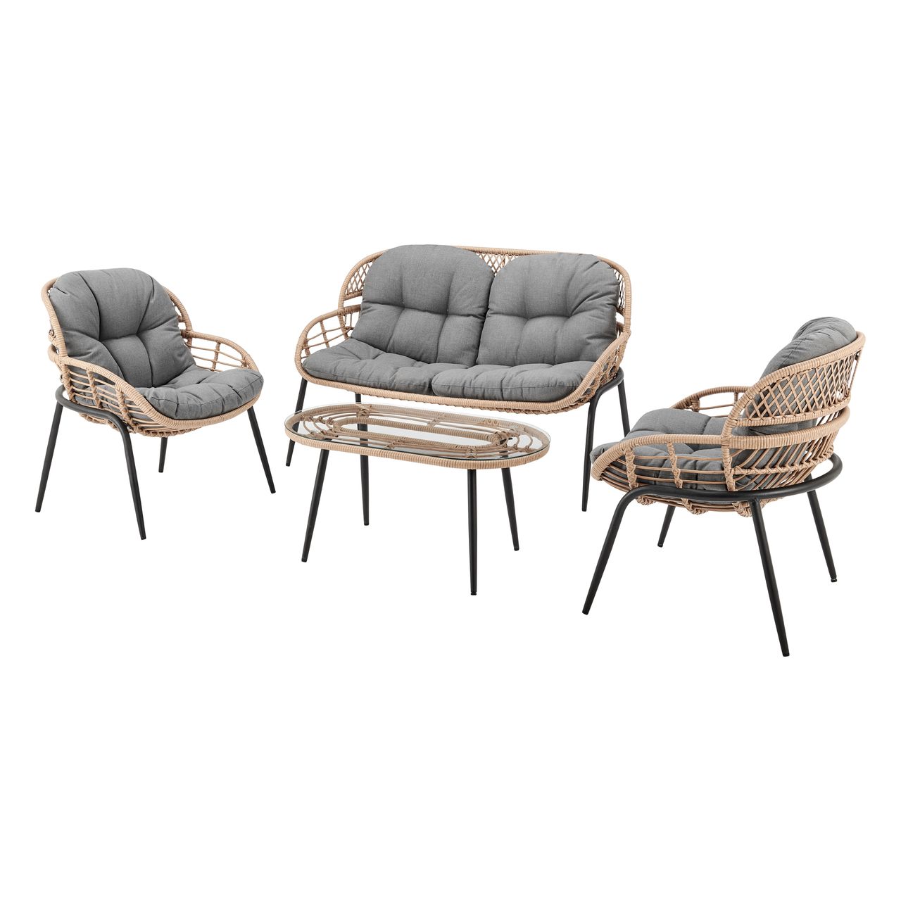 Happy Home Happy Home Lounge-Set 4 tlg. HGS40-GRA helles Rattan mit Sitzkissen in grau