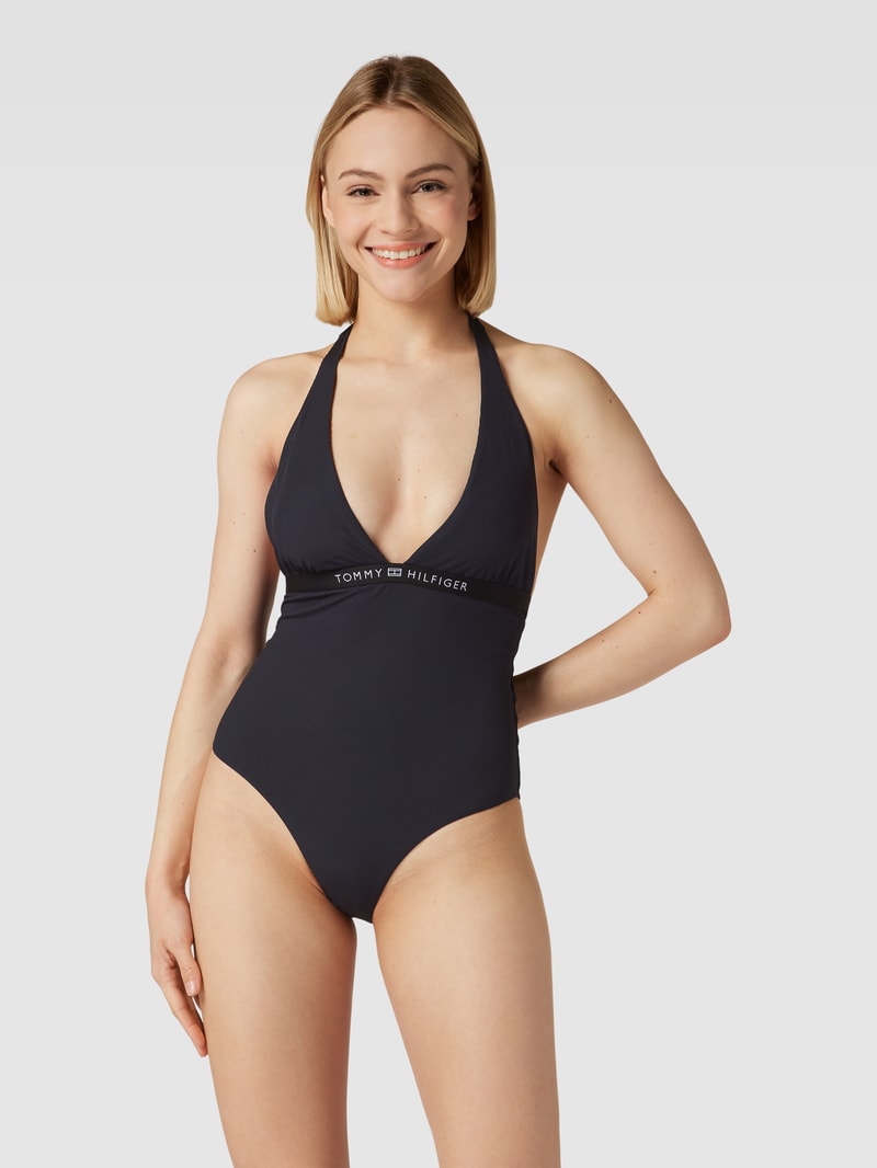 Badeanzug mit Label-Detail Modell 'HALTER' in schwarz