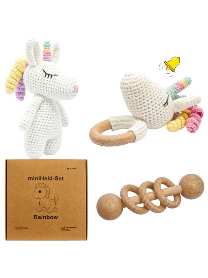 miniHeld Handgestrickter Einhorn Rainbow Set Babyrassel Holz Baumwolle 16 cm 0 Monate günstig kaufen onesize