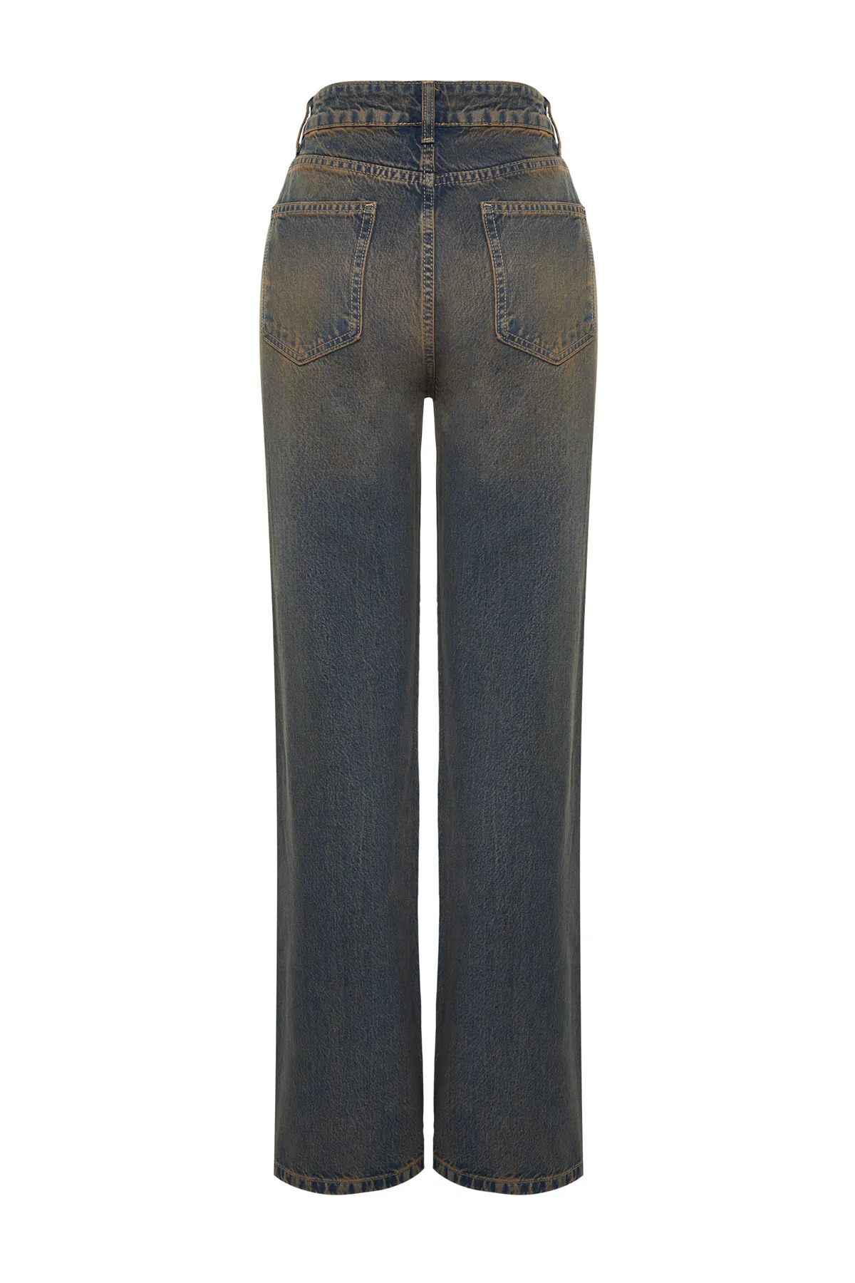 Trendyol Collection  Dunkelblaue Jeans mit blassem Effekt und hoher Taille und weitem Bein im Vintage-Stil TWOSS24JE00018