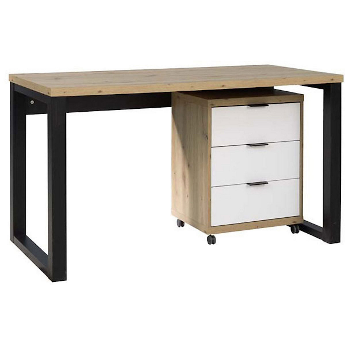 Schreibtisch Set mit Rollcontainer Maro 135x65x75cm schwarz weiß Artisan Eiche