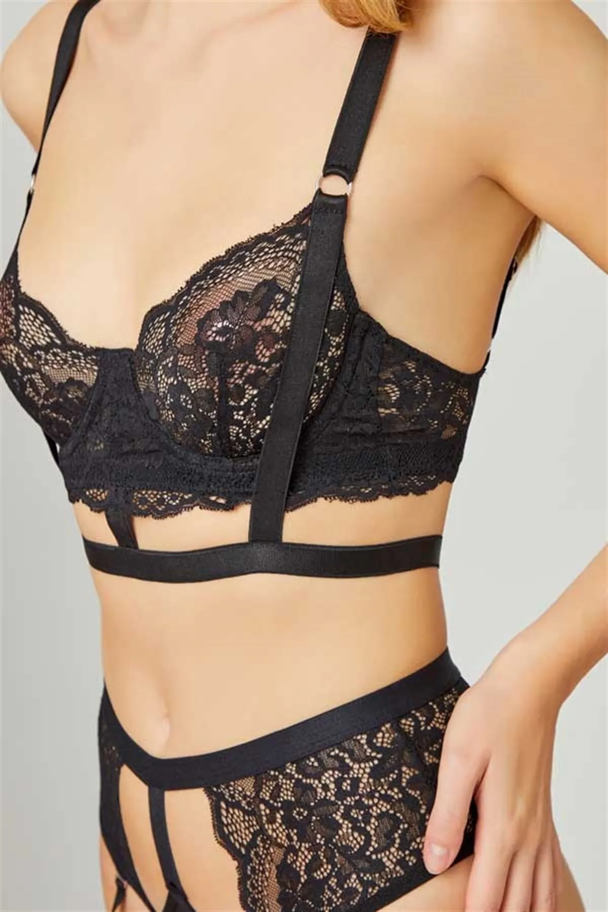 Cottonhill  Verstellbares, transparentes Damen-BH-Set aus schwarzer Spitze