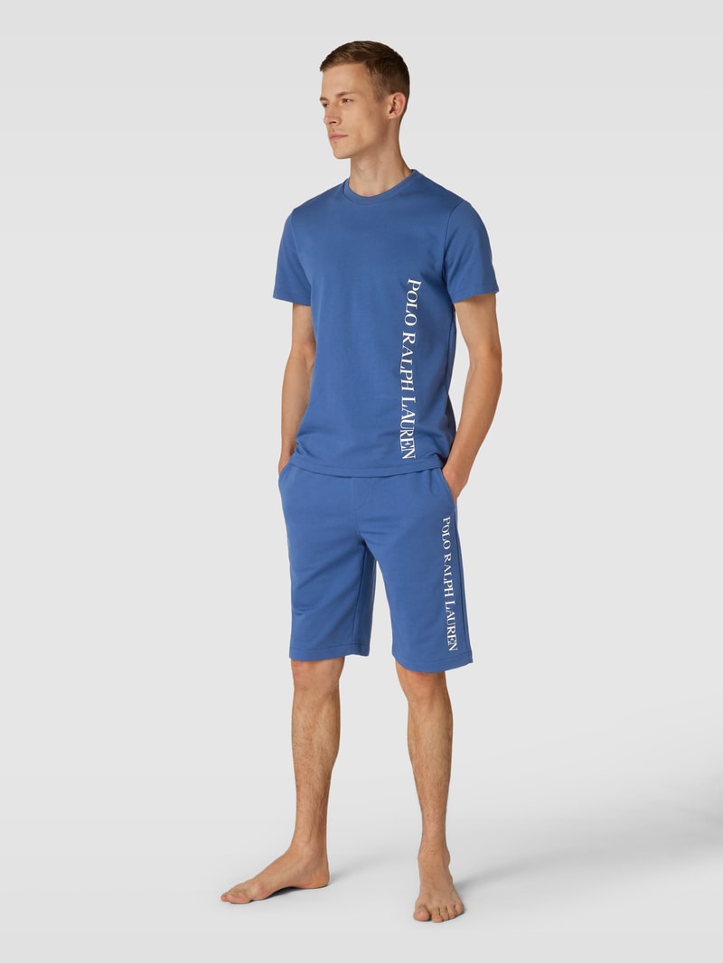 Slim Fit Sweatshorts mit Label-Print Modell 'LOOPBACK' in blau meliert