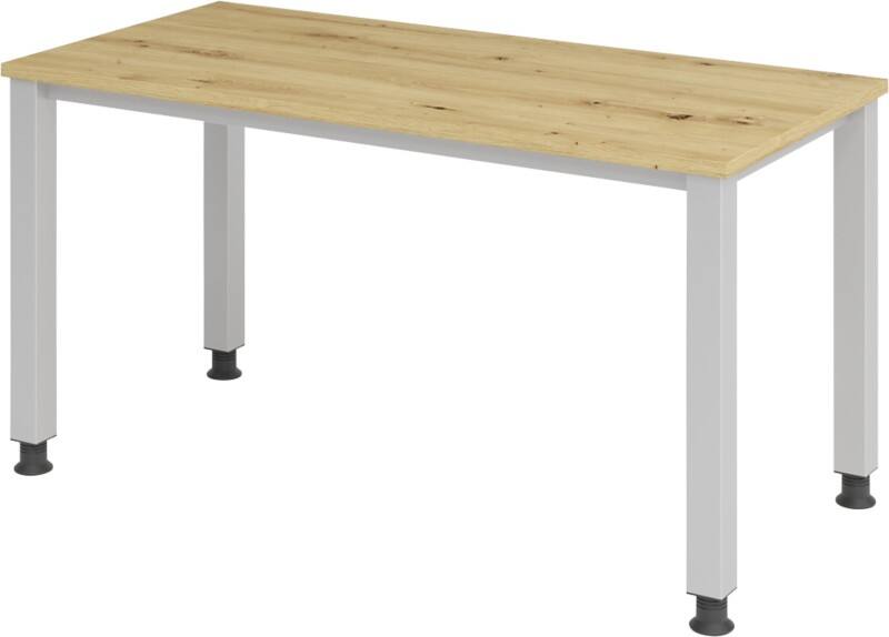 Hammerbacher VQS614/R Höhenverstellbarer gerader Schreibtisch mit 4 Füßen Express Q Eiche, Silber 1.400 x 672 x 685 - 810 mm