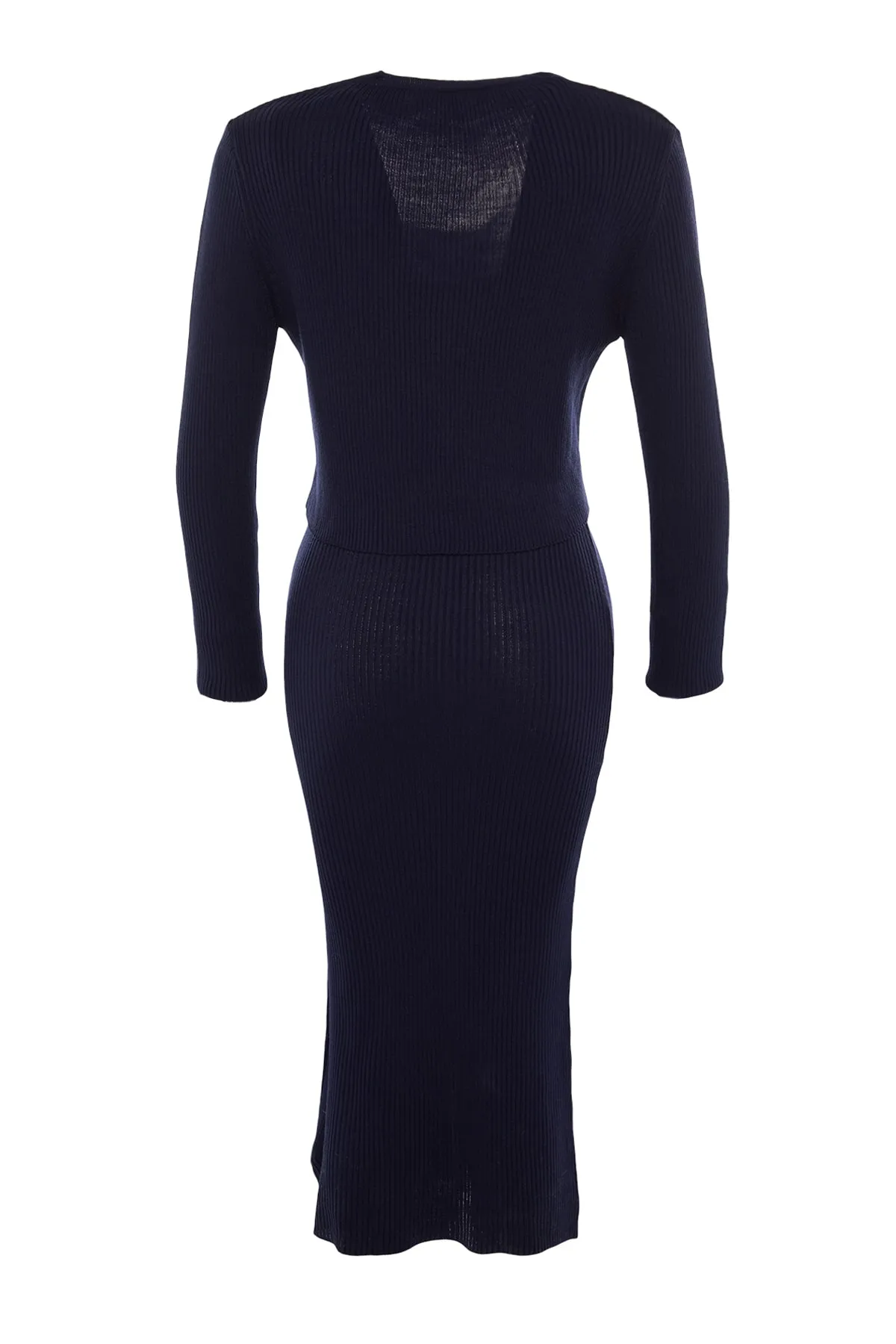 Trendyol Collection  Marineblaues, tailliertes Midi-Strick-Cardigan-Kleid-Set TWOSS21EL0208