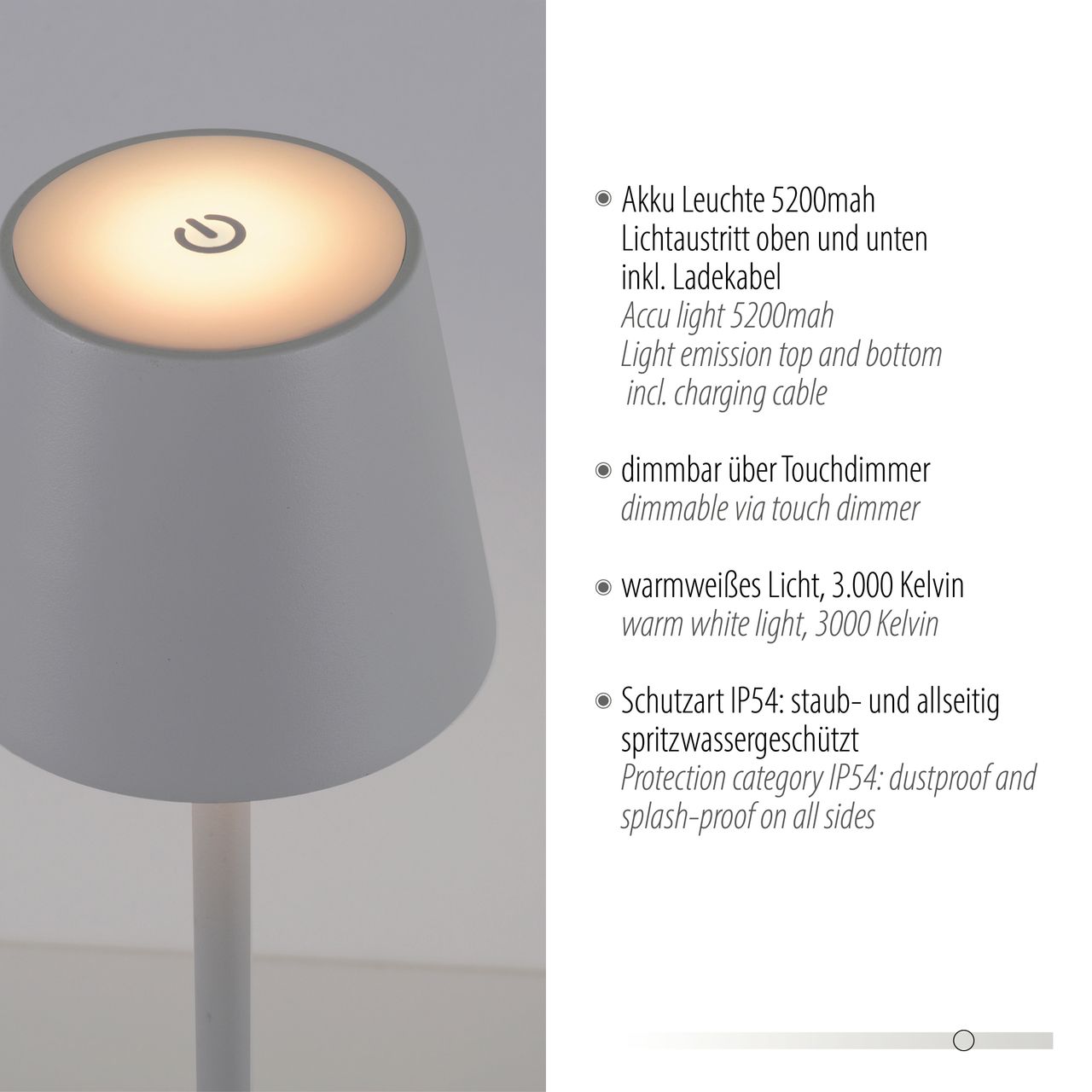 JUST LIGHT LED Tischleuchte, 1xLED-Board/2,50W/3000K, Akkuleuchte, IP54, Ladekabel, Weiss