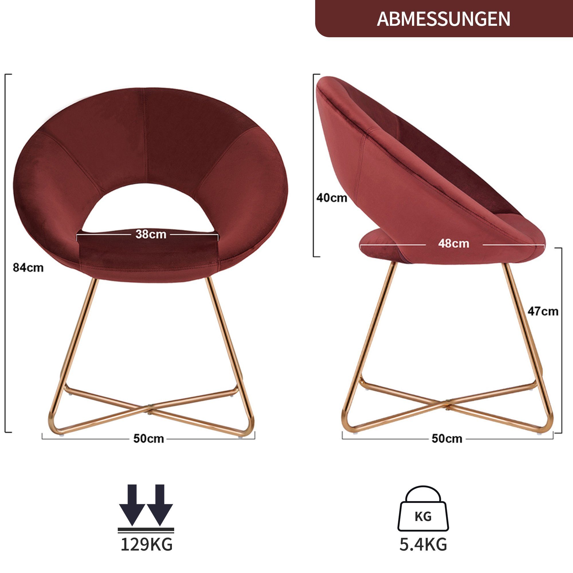 Duhome Loungesessel, Esszimmerstuhl Wohnzimmerstuhl aus Samt, Polsterstuhl Sessel, Gold Metallbeine