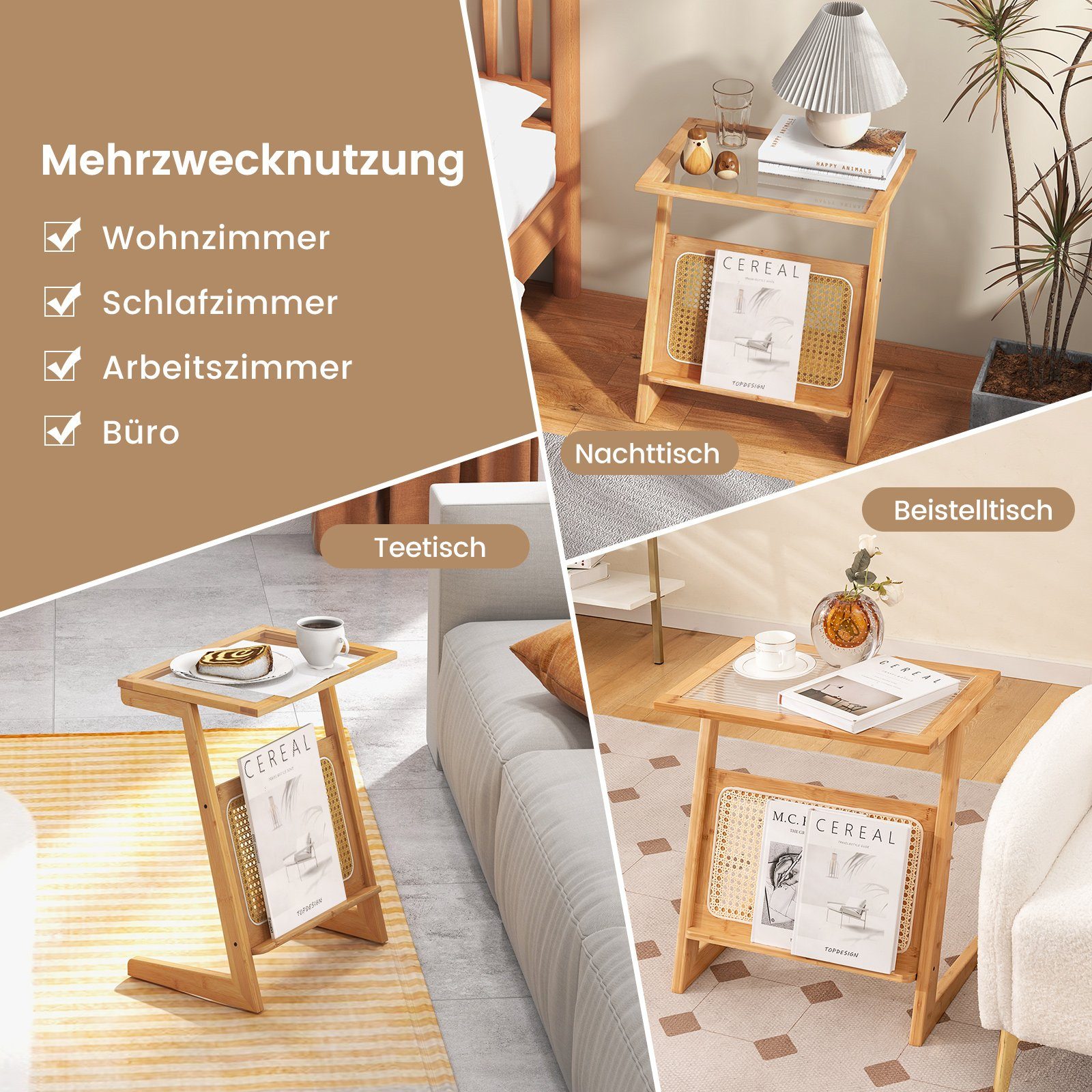 COSTWAY Beistelltisch, Bambus, Z-förmig, mit Rattan-Ablage & Glasplatte, Natur