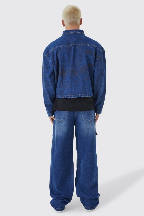 Kastige Jeansjacke mit Text Laser-Print