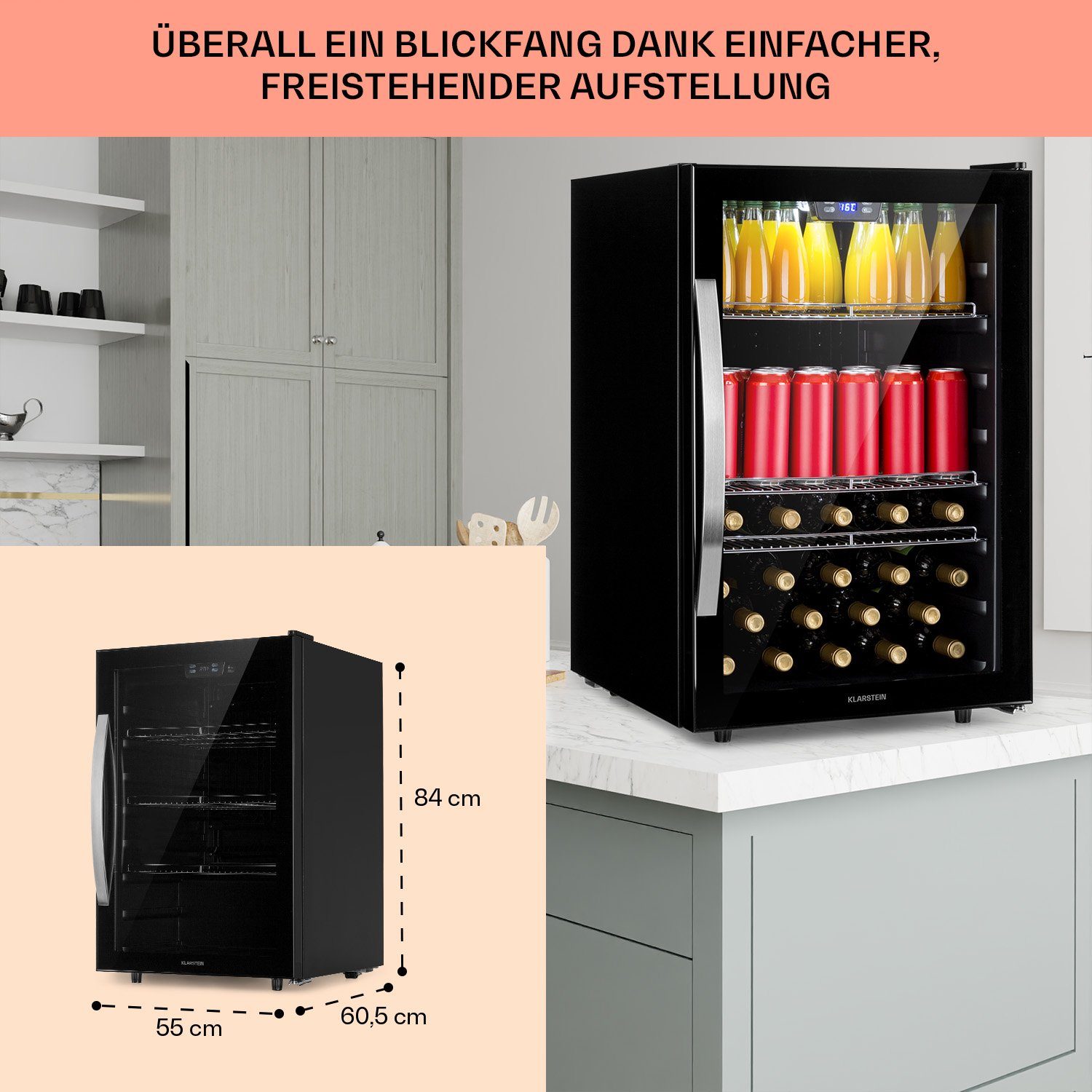 Klarstein Getränkekühlschrank HEA8-Beersafe5XL-OX 10039512, 84 cm hoch, 55 cm breit, Bierkühlschrank Getränkekühlschrank Flaschenkühlschrank mit Glastür