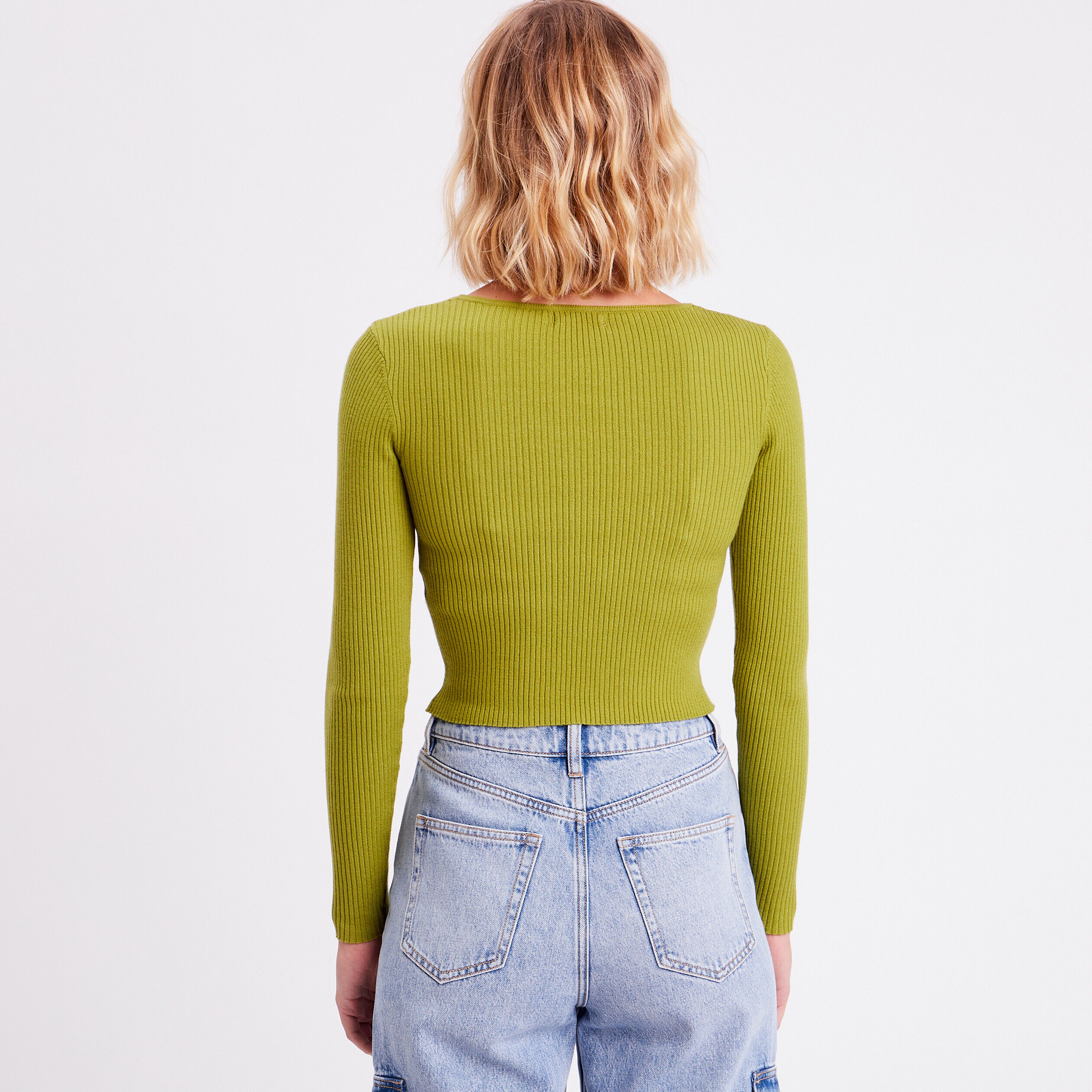 Gilet crop top côtelé zippé vert kaki femme | Cache Cache