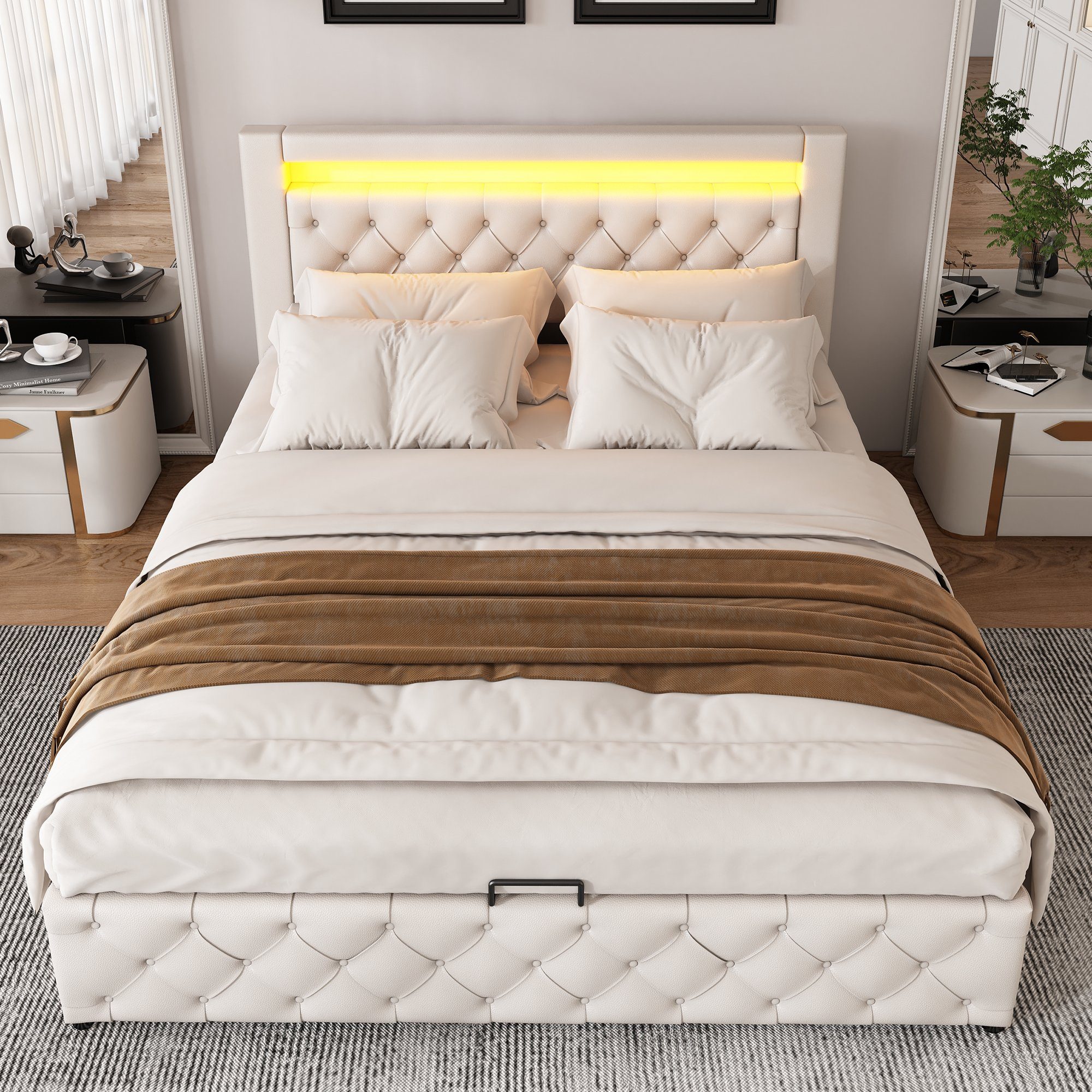 REDOM Polsterbett Polsterbett Doppelbett Stauraumbett Bett mit Lattenrost ohne Matratze (Leder, Hydraulisch 140 x 200 cm/180 x 200 cm), Funktionsbett mit Lattenrost und Stauraum, Mit LED-Beleuchtung
