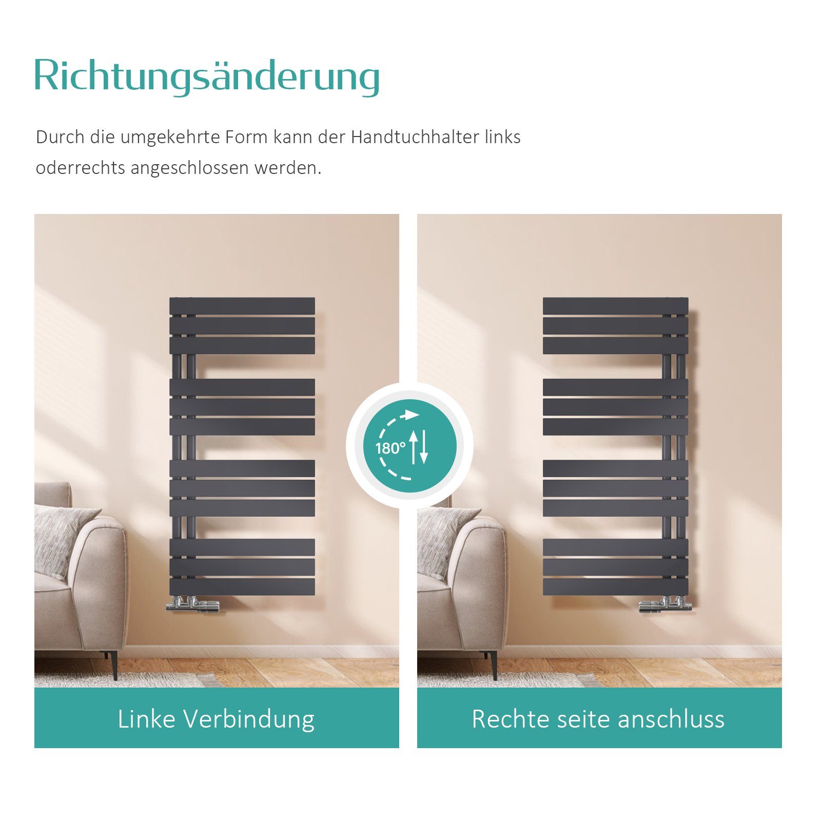 EMKE Paneelheizkörper Flach Badheizkörper Schwarz Design Paneelheizkörper Handtuchtrockner, Bad Warmwasser ohne Multiblock Seitenanschluss
