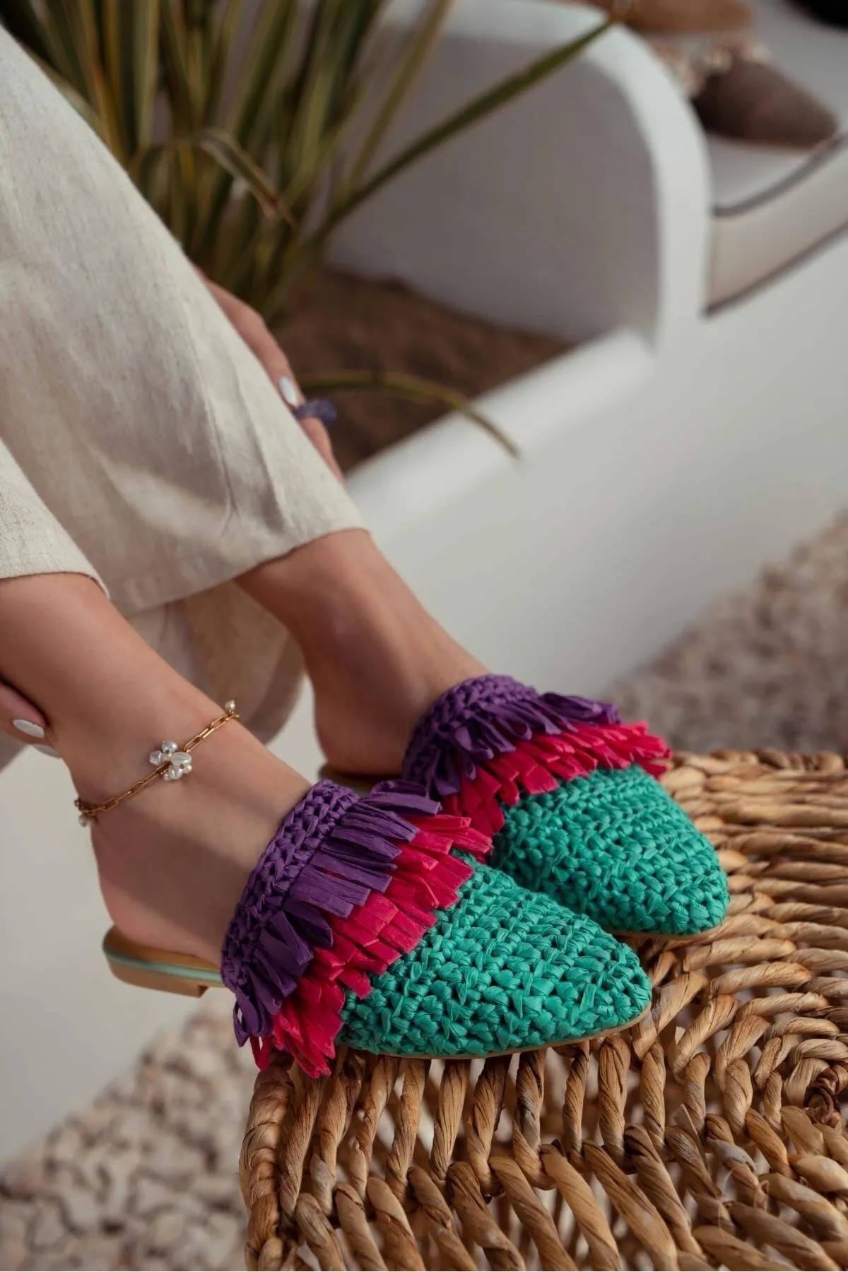 NİŞANTAŞI SHOES  Viana Green gestrickte lila fuchsiafarbene Damen-Hausschuhe mit Quasten