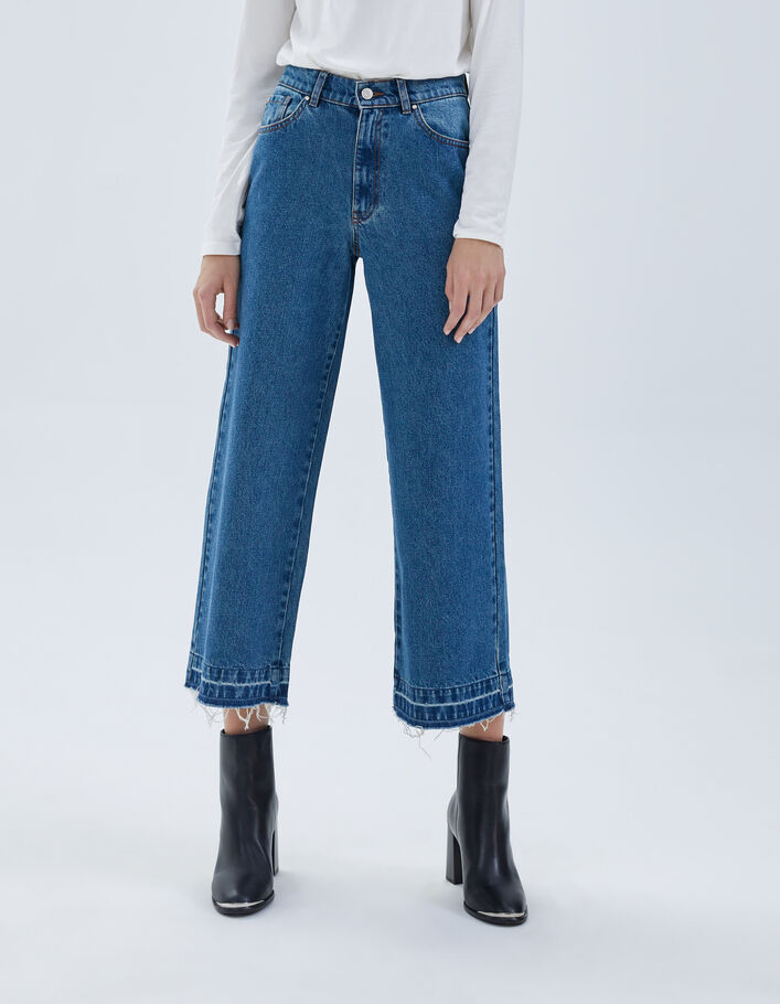 Jean large bleu taille haute 7/8e bas frangés Femme