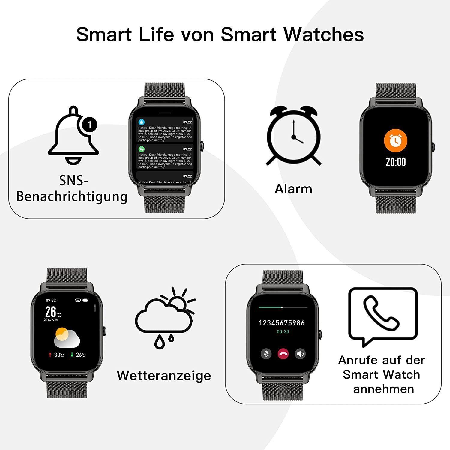 IBETTER Smartwatch, Fitness Tracker Uhr, Damen Herren Smartwatch (Fitnessuhr mit Telefonfunktion 1,69