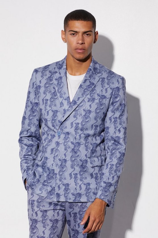 Slim-Fit Wickel-Anzugjacke mit Drachen-Print
