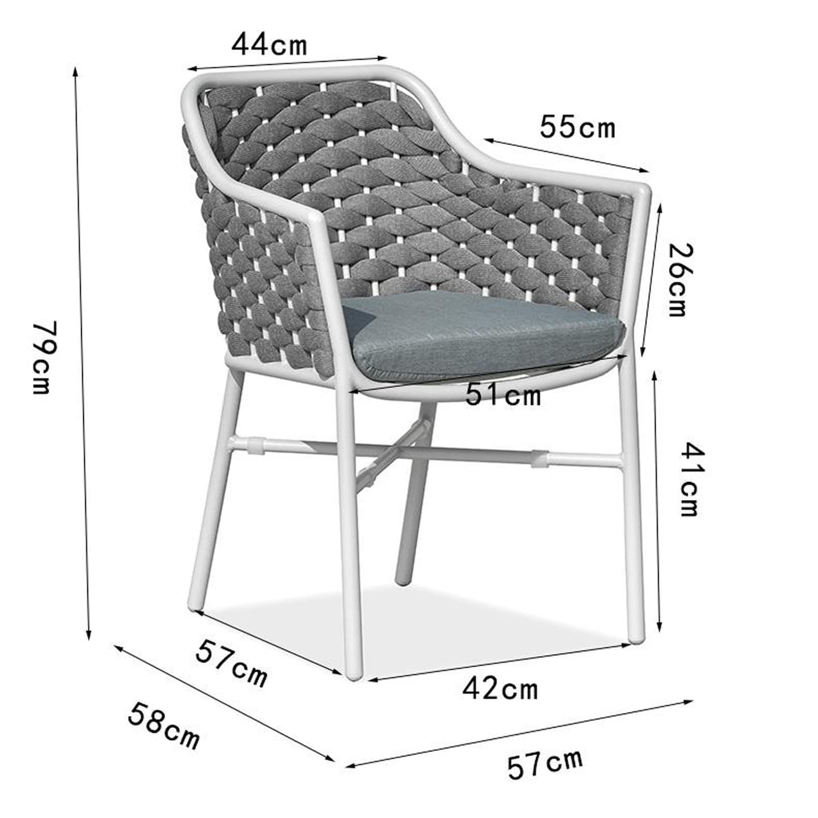 OKA Rattanstuhl Gartenstuhl-Set mit 2 Stück 58x57x79 cm, Mit Kordelgeflecht und weichem Sitzkissen, Edelstahlgestell