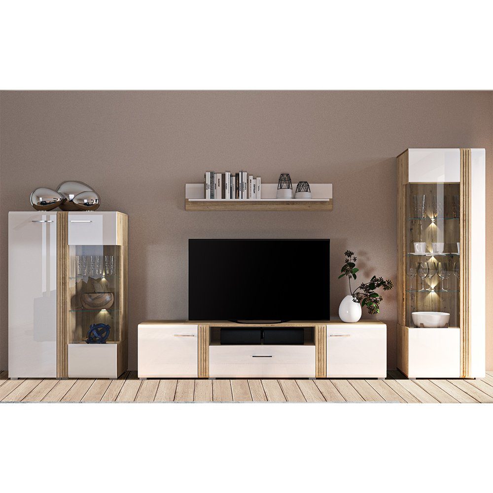 Lomadox Wohnwand AKRON-131, (4-St., 4-tlg), Anbauwand inkl. Vitrinenschrank, Lowboard, Wandboard und Highboard