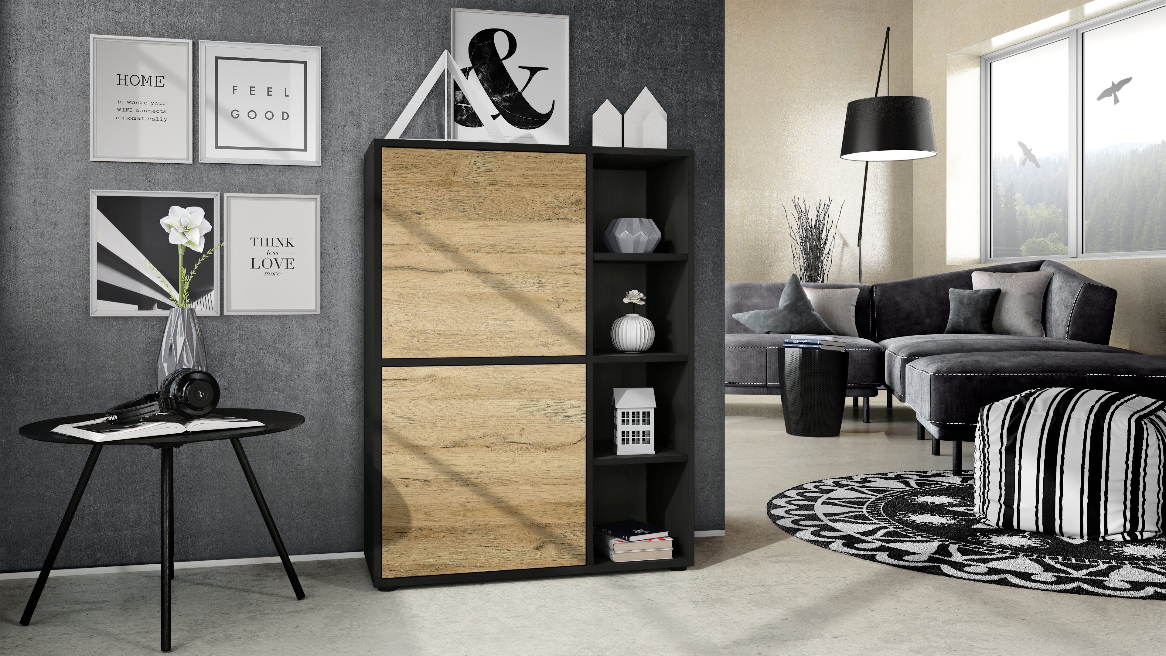 Vladon Highboard Cuba (Anrichte, mit 2 Türen und 4 offene Fächer), Schwarz matt/Eiche Natur (79 x 105,5 x 35,5 cm)