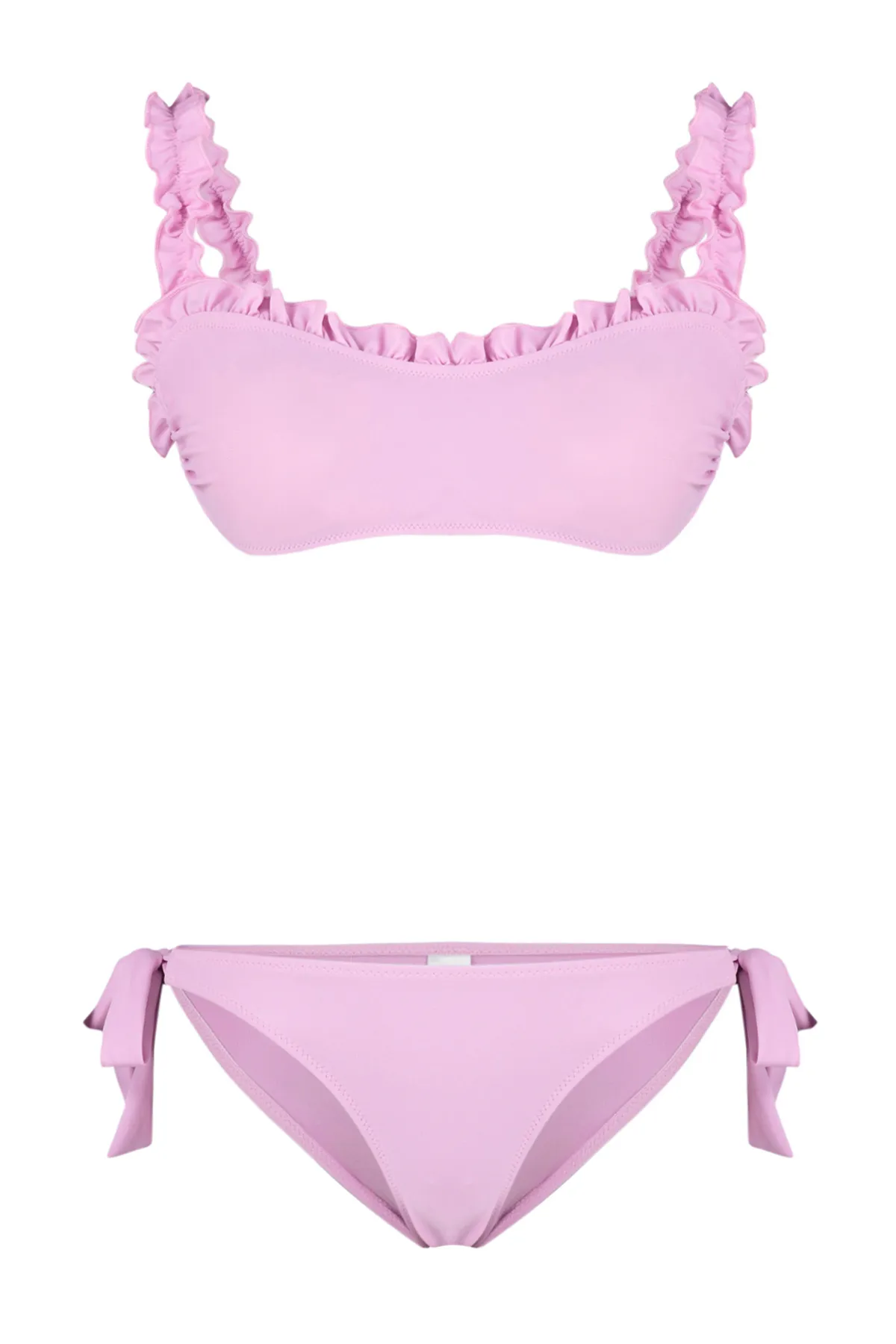 Trendyol Collection  Rosafarbenes, strukturiertes Bustier-Bikini-Set mit Rüschen TBESS24BT00101