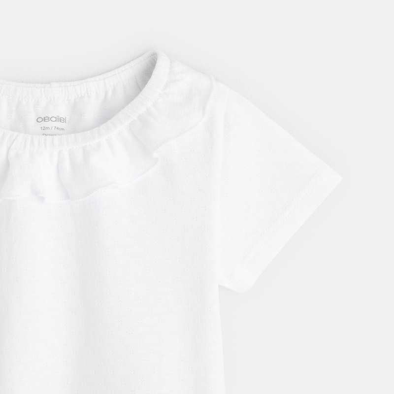 T-shirt col volanté maille fantaisie blanc bébé fille