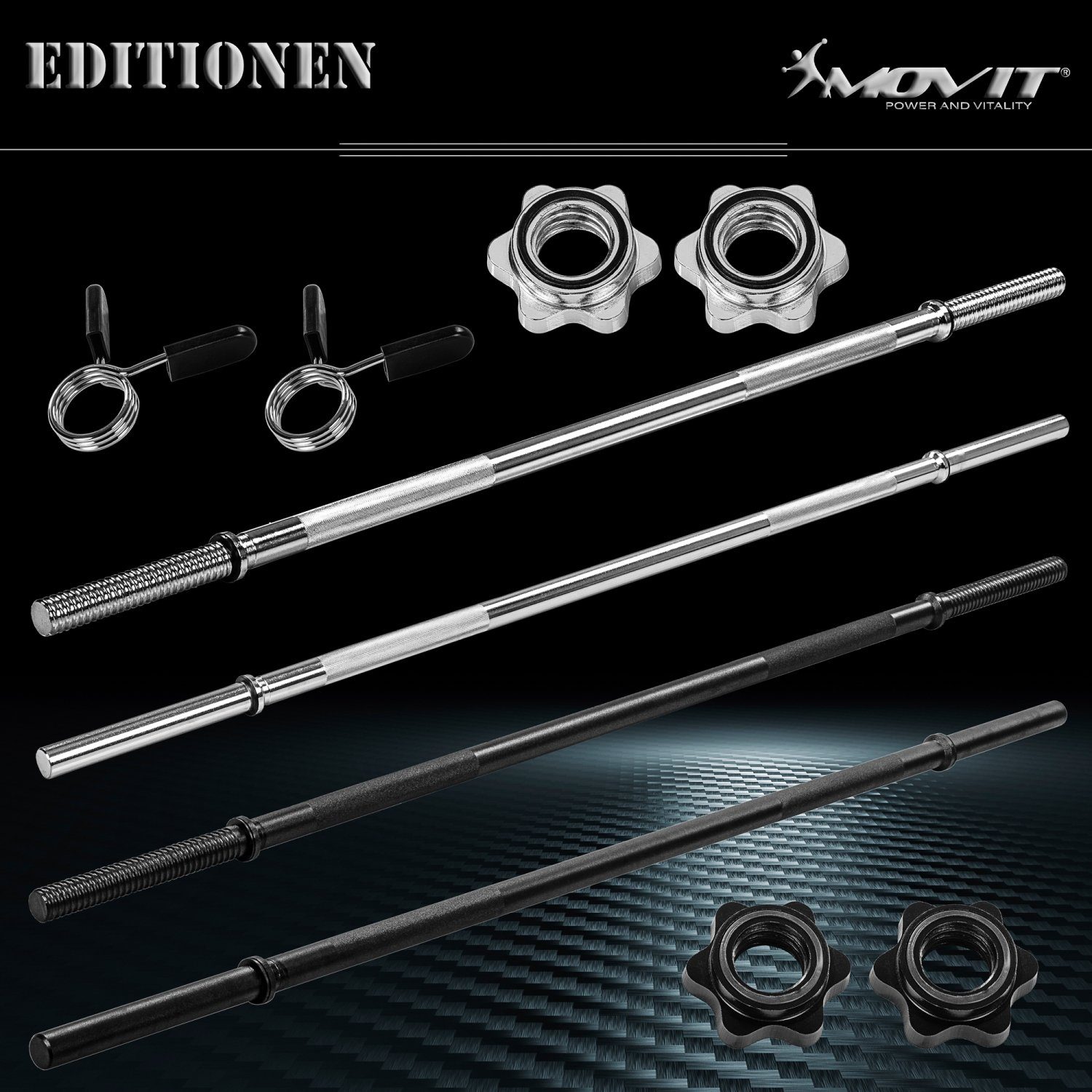 MOVIT Langhantelstange Movit® Profi Langhantelstange, 30mm STANDARDNORM, Stahl, (Langhantel, 120-tlg), verchromt o. schwarz, Sternverschluss o. Federverschluss, Größenwahl