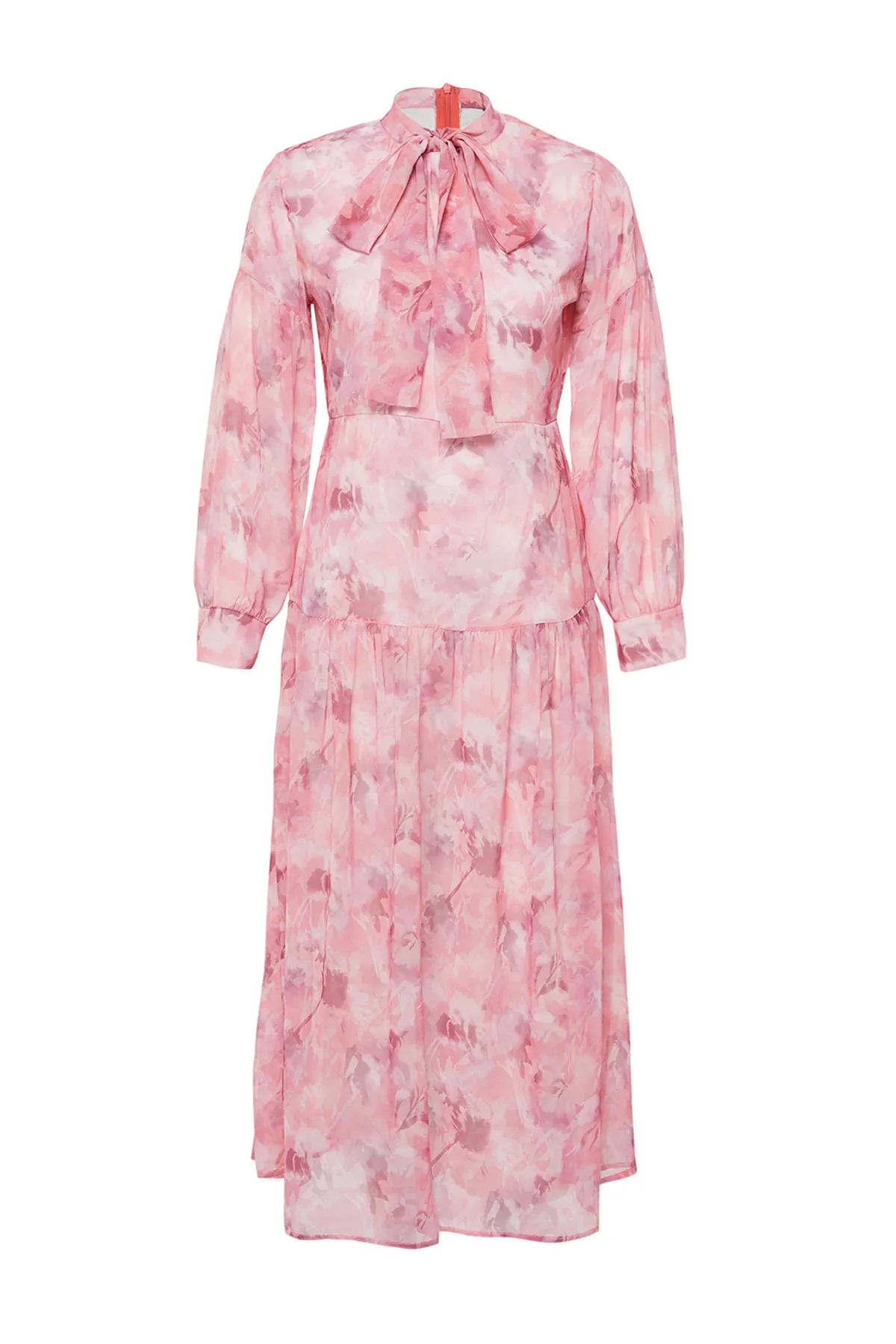 Trendyol Modest  Rosa gefüttertes, gewebtes Kleid mit Blumenmuster und Gürtel TCTSS24EB00075