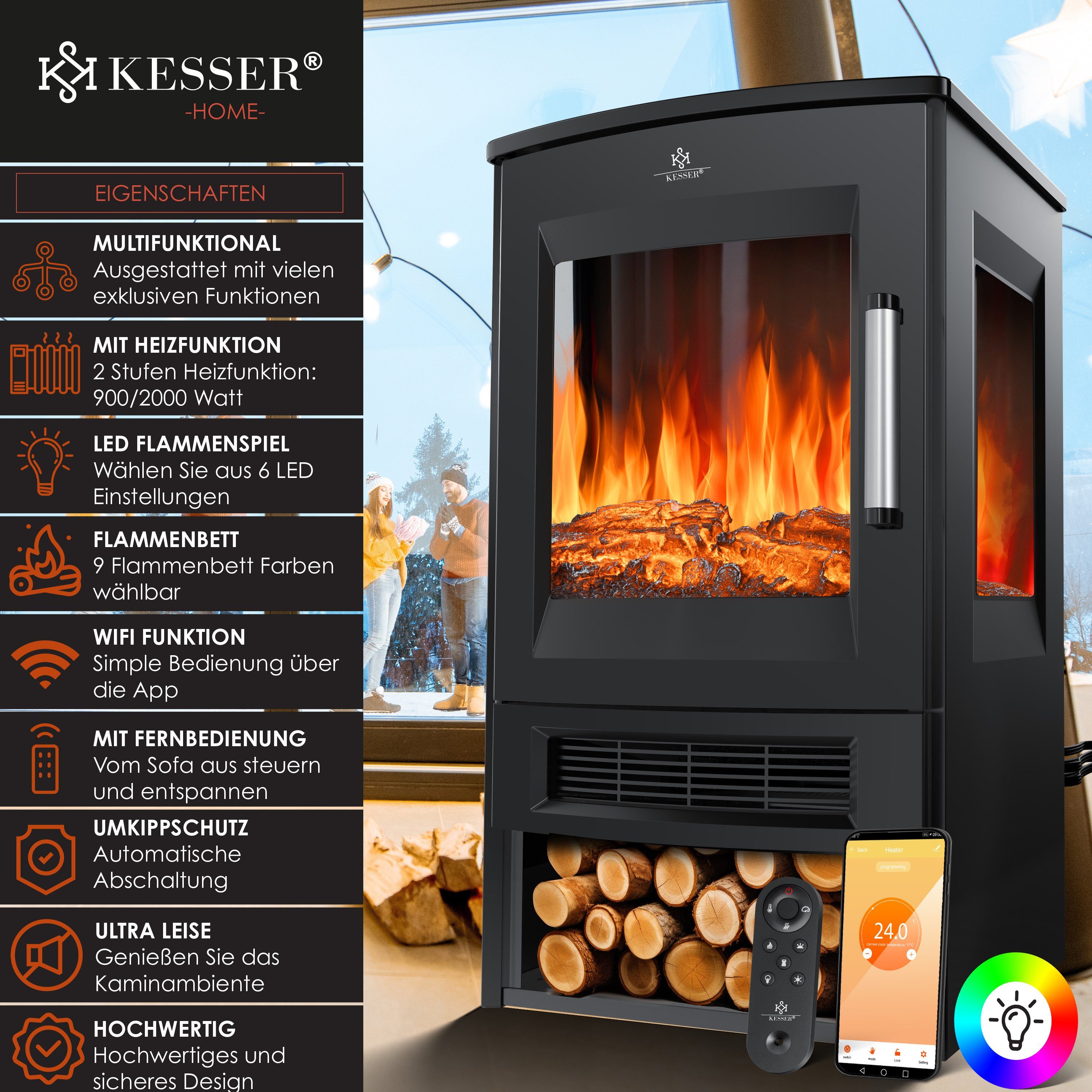 KESSER Elektrokamin, mit Heizung Panorama-Sichtfenster Heizlüfter 9 LED-Flammeneffekt