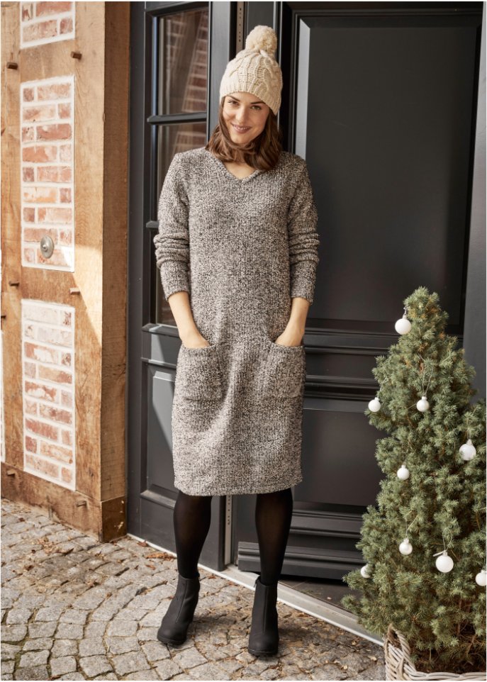 Flauschiges Strickfleecekleid mit Taschen, knieumspielend