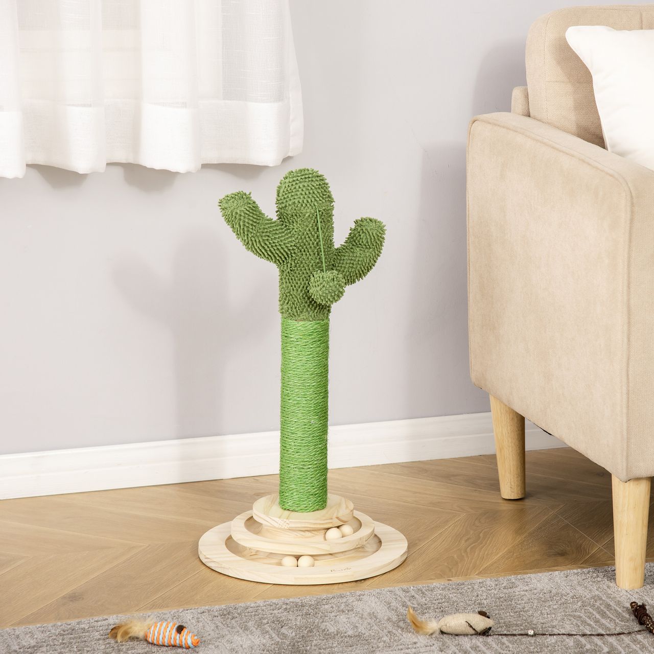 PawHut Kratzbaum Kaktus Spielzeug 65 cm Hoch Sisal Seil Kiefernholz Grün Natur