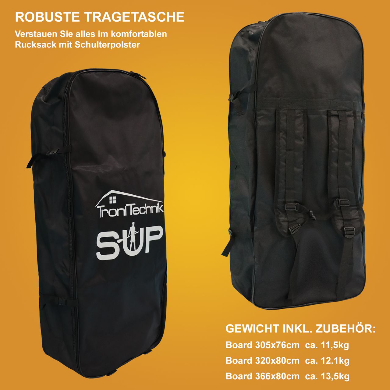 TroniTechnik Standup Paddle Board SUP, inkl. umpfangreichen Zubehör, Paddel und Hochdruckpumpe, Farbe Orange in Größe 366 x 80 x 15cm