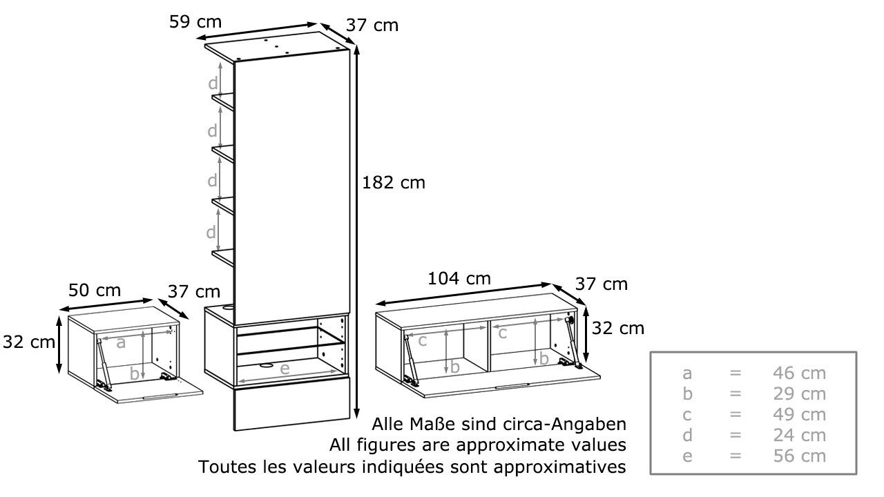 Vladon Wohnwand Manhattan, (Anbauwand bestehend aus 1 Paneel, 3-St., 1 großen und 1 kleinen Klappenschrank), Weiß Matt&glänzend/Schwarz glänzend mit Beleuchtung (215x182x37 cm)