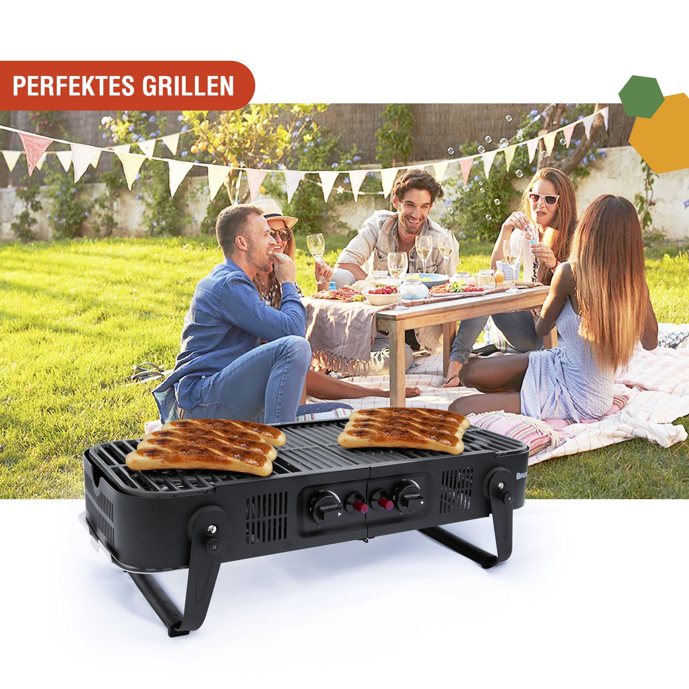 Bruzzzler Camping-Gasgrill Gasgrill zum Klappen, 2-flammiger Gasgrill mit 3,3 kW,zusammenklappbar, Pack, inklusive Tragetasche,für Picknick,Balkon und mehr